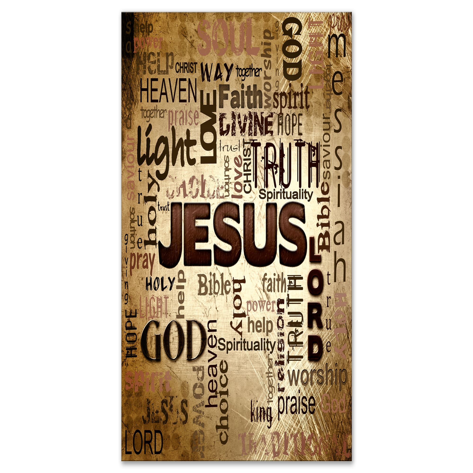 Designart - Jesus' word cloud in grunge background - Religious Contemporary on Wrapped Canvas