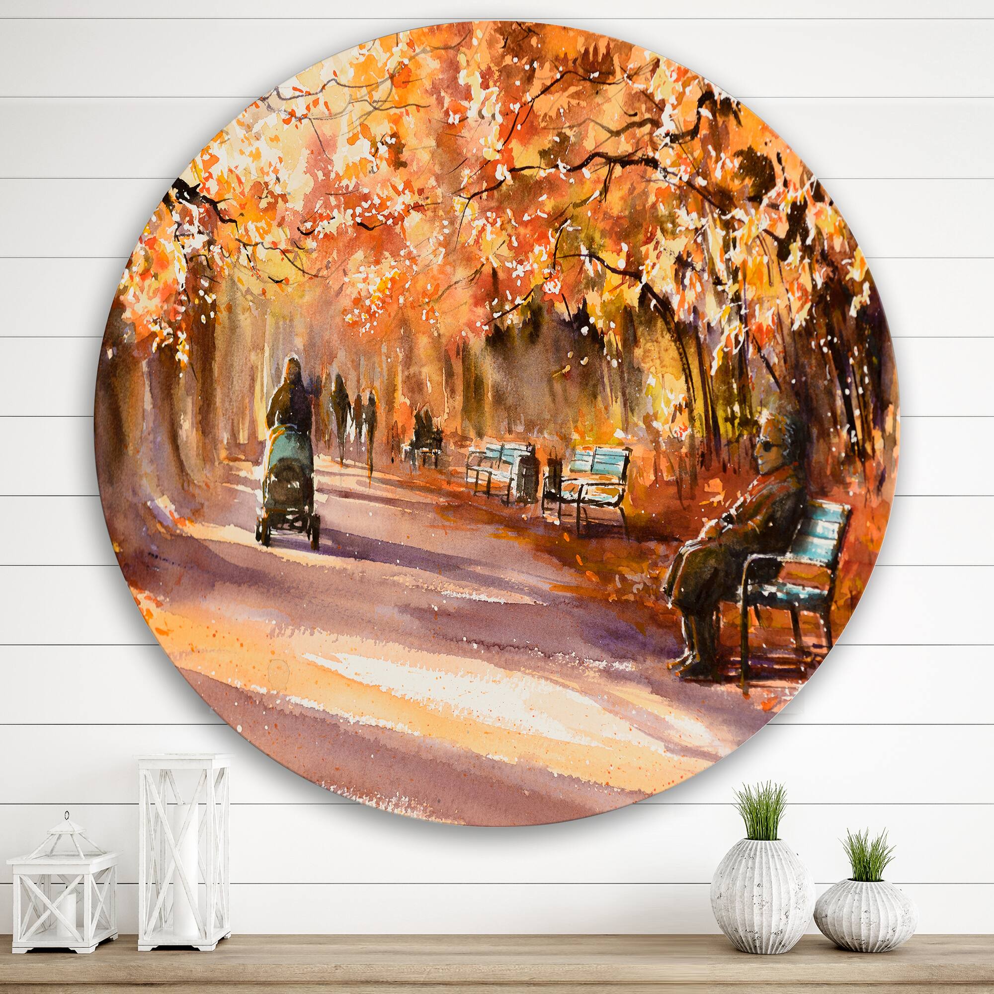 Designart - Road In The Park In Sunny Autumn Day - Country Metal Circle Wall Art