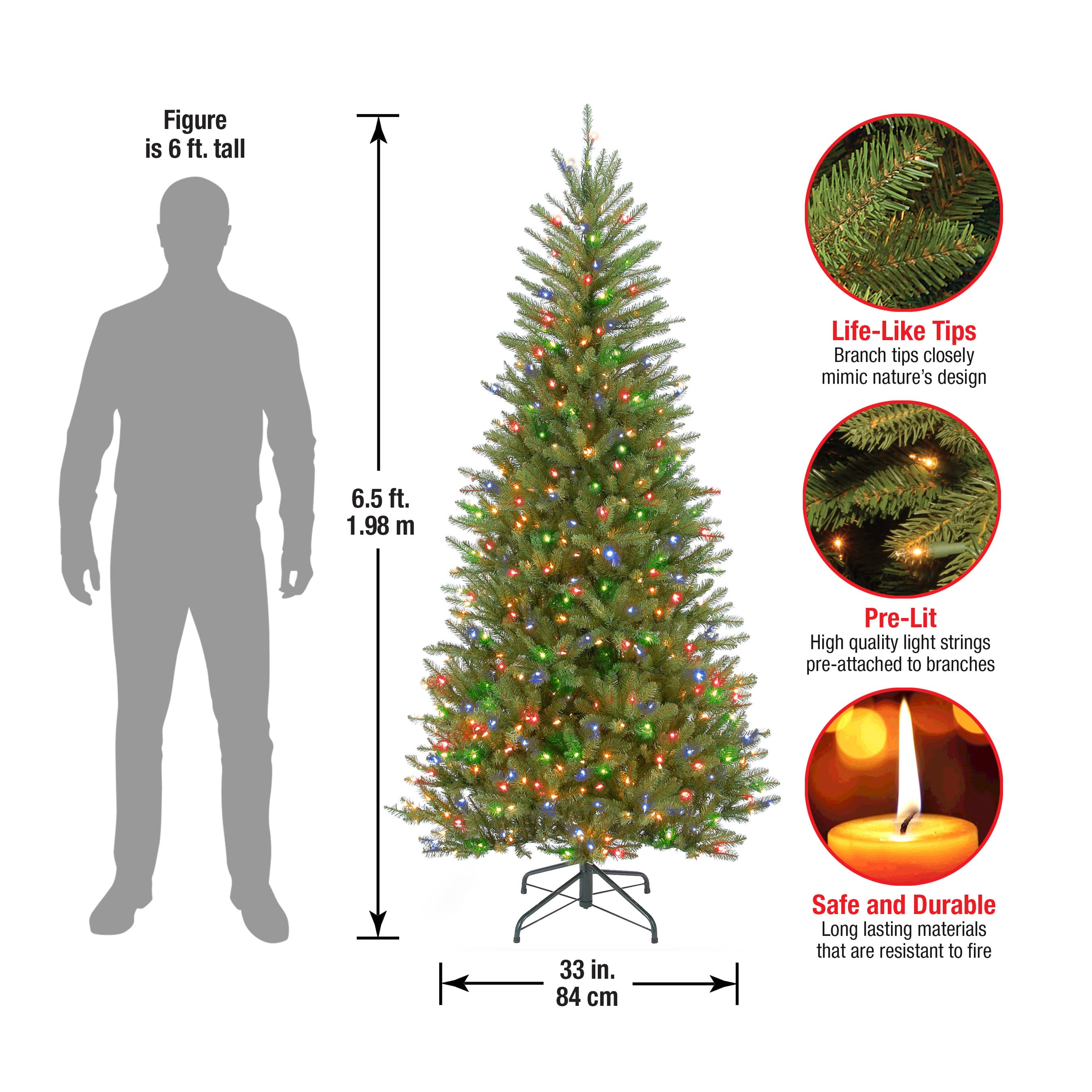 6.5 ft. Pre-Lit Dunhill® Fir Slim Artificial Christmas Tree, Multicolor Lights