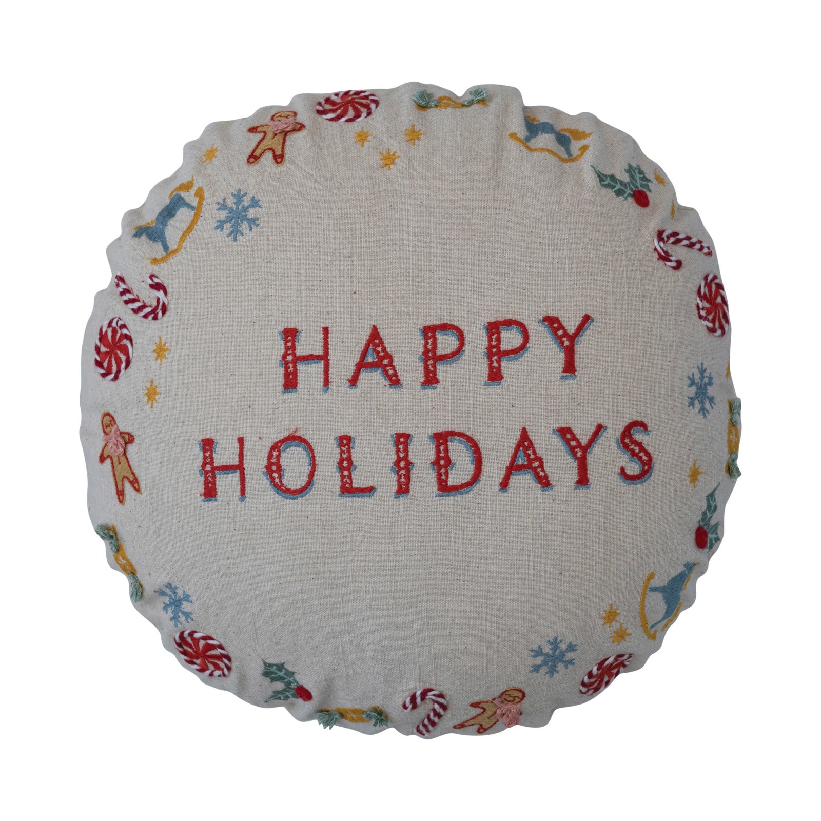 16&#x22; Happy Holidays Embroidery Round Cotton Slub Pillow