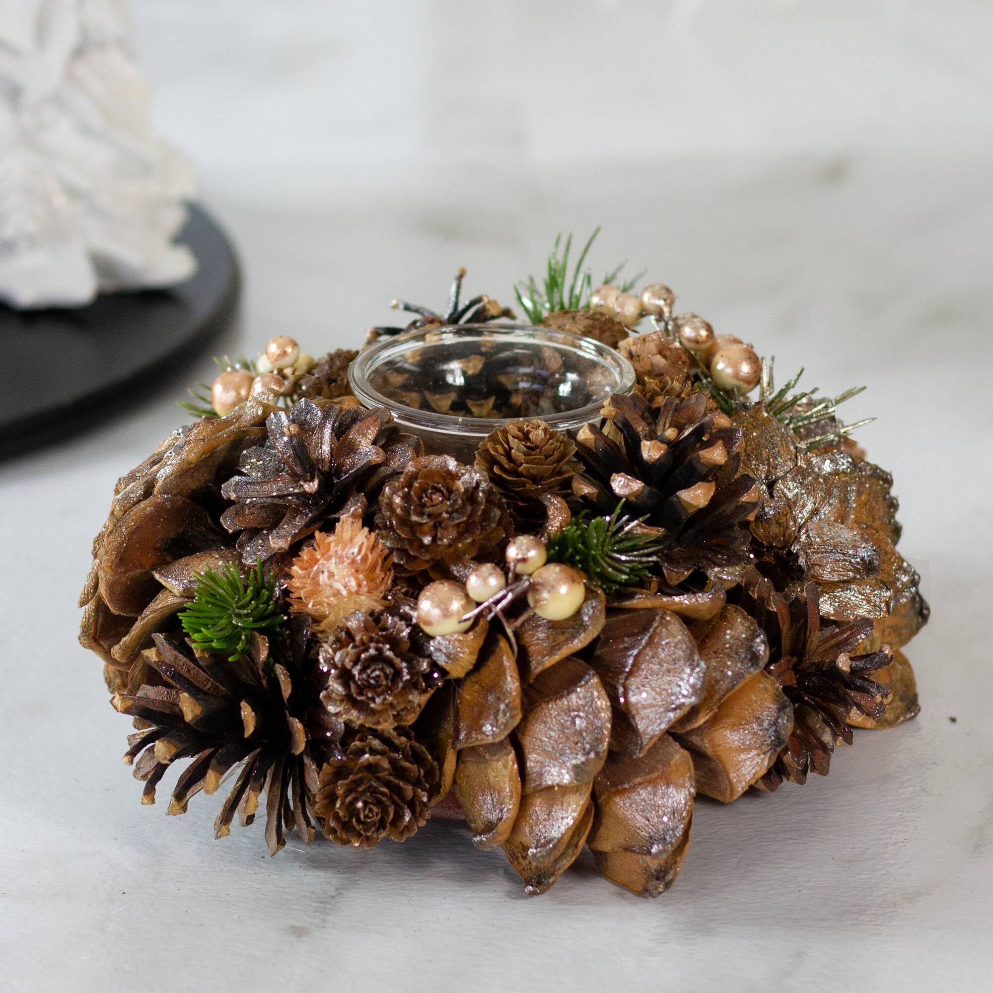7.25&#x22; Autumn Artificial Foliage Pine Cone Votive Candle Holder