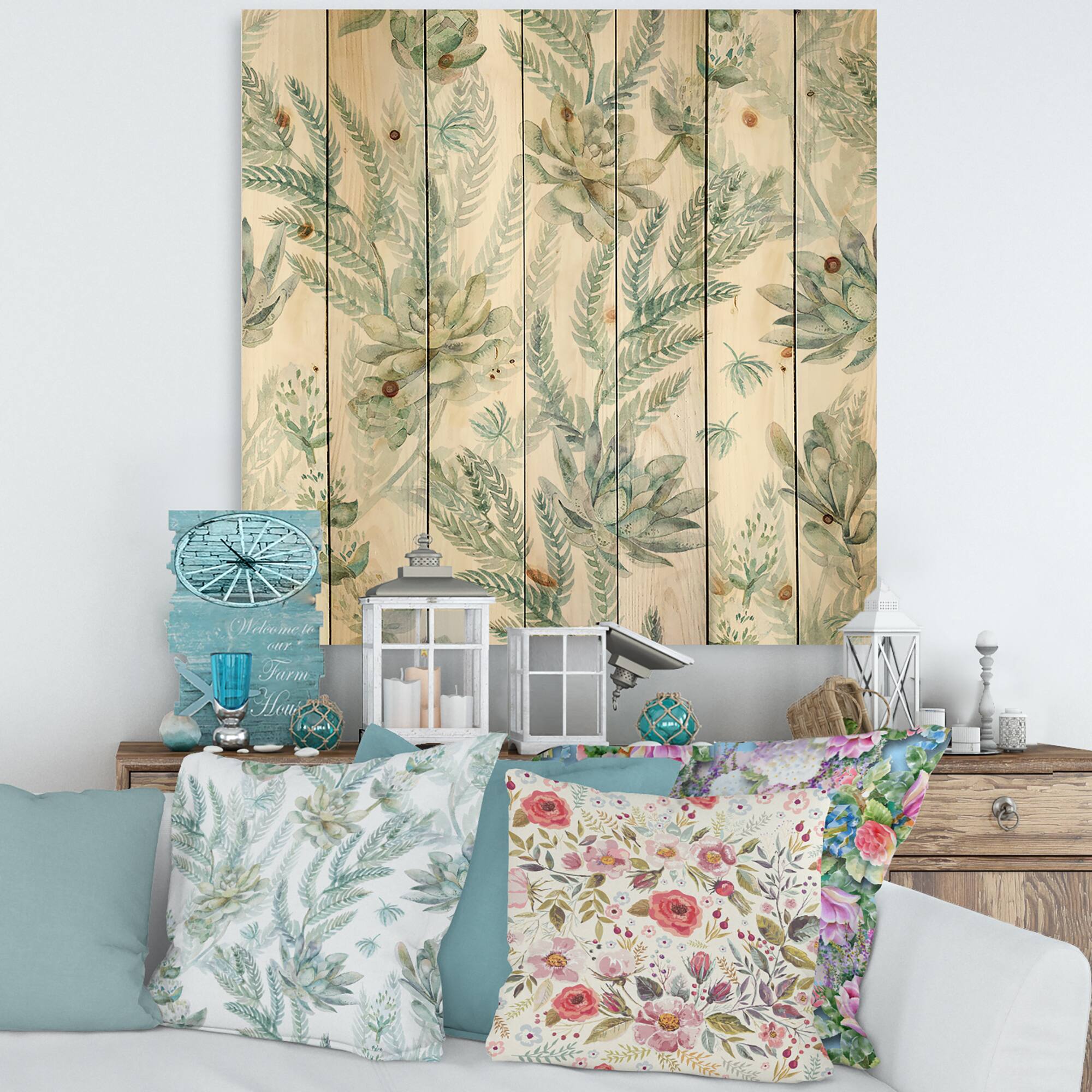 Designart - Floral Seamless Pattern Succulents Ferns Thorns - Farmhouse Print on Natural Pine Wood