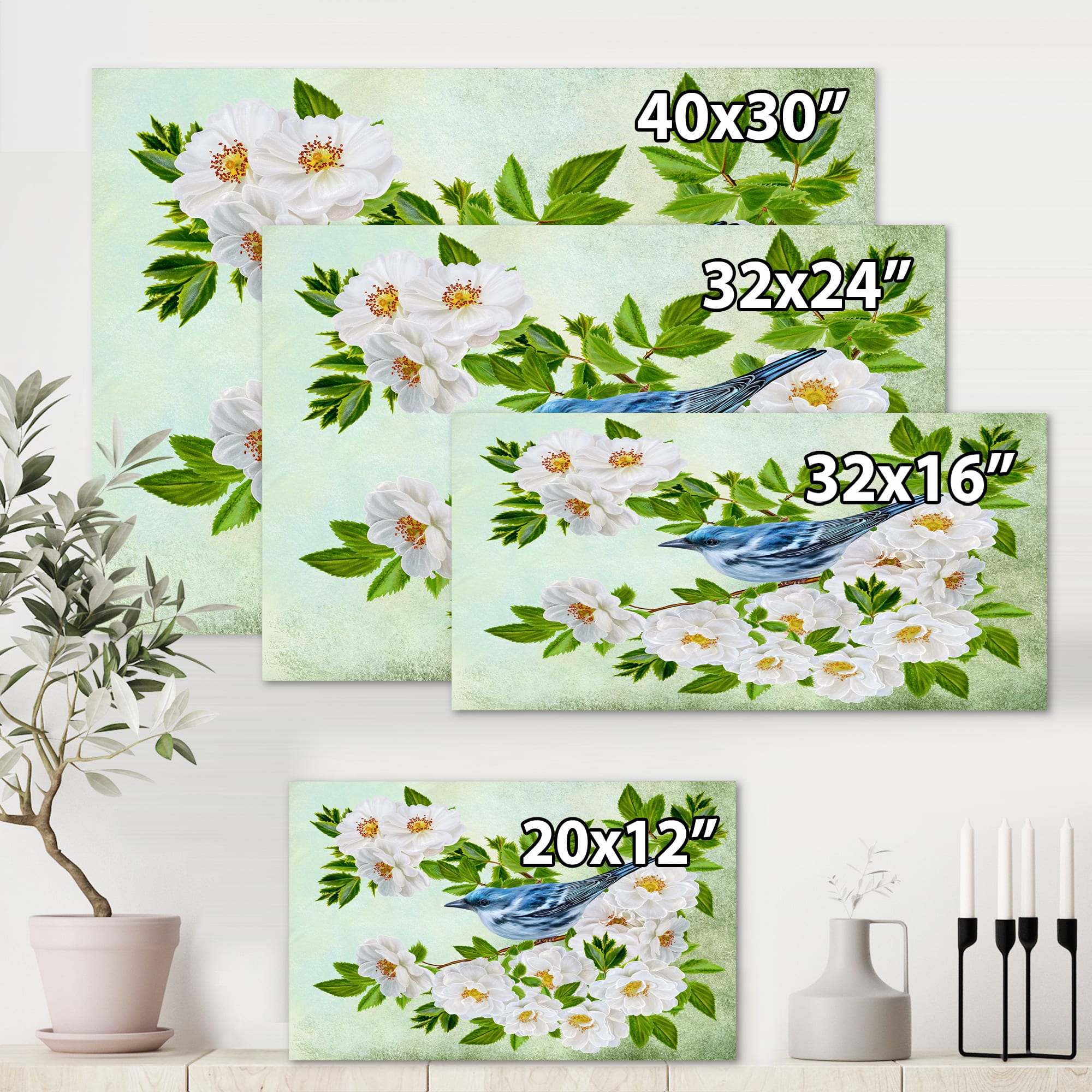 Designart - Little Blue Bird Sitting On A Branch of White Rose - Traditional Canvas Wall Art Print