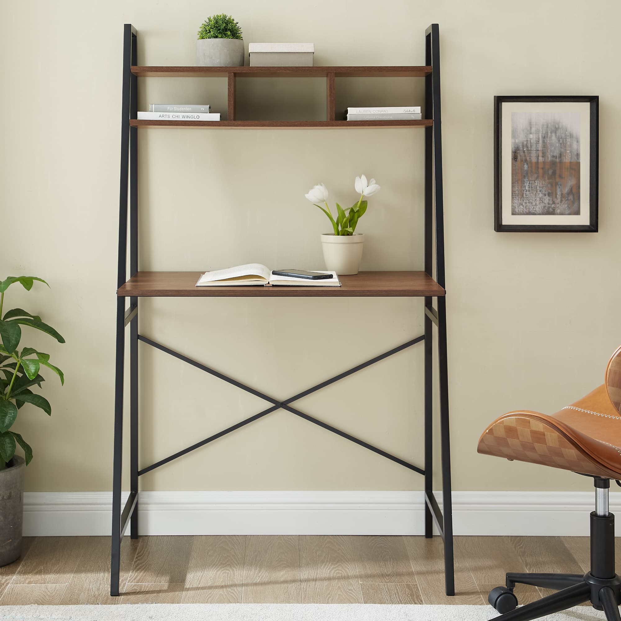 Walker Edison 56" Dark Walnut Industrial Ladder Desk with Storage