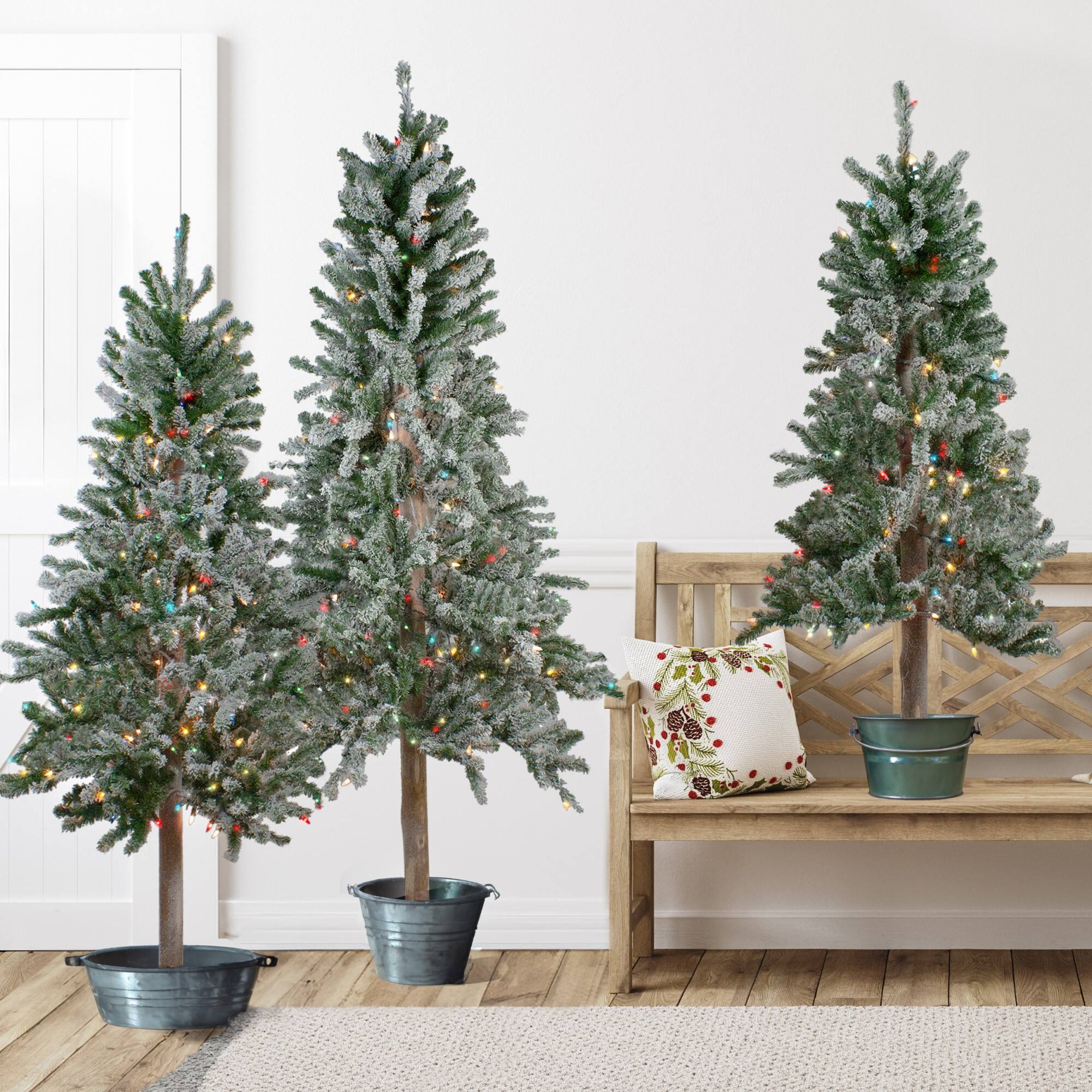 Pre-Lit Slim Flocked Alpine Artificial Christmas Trees Set