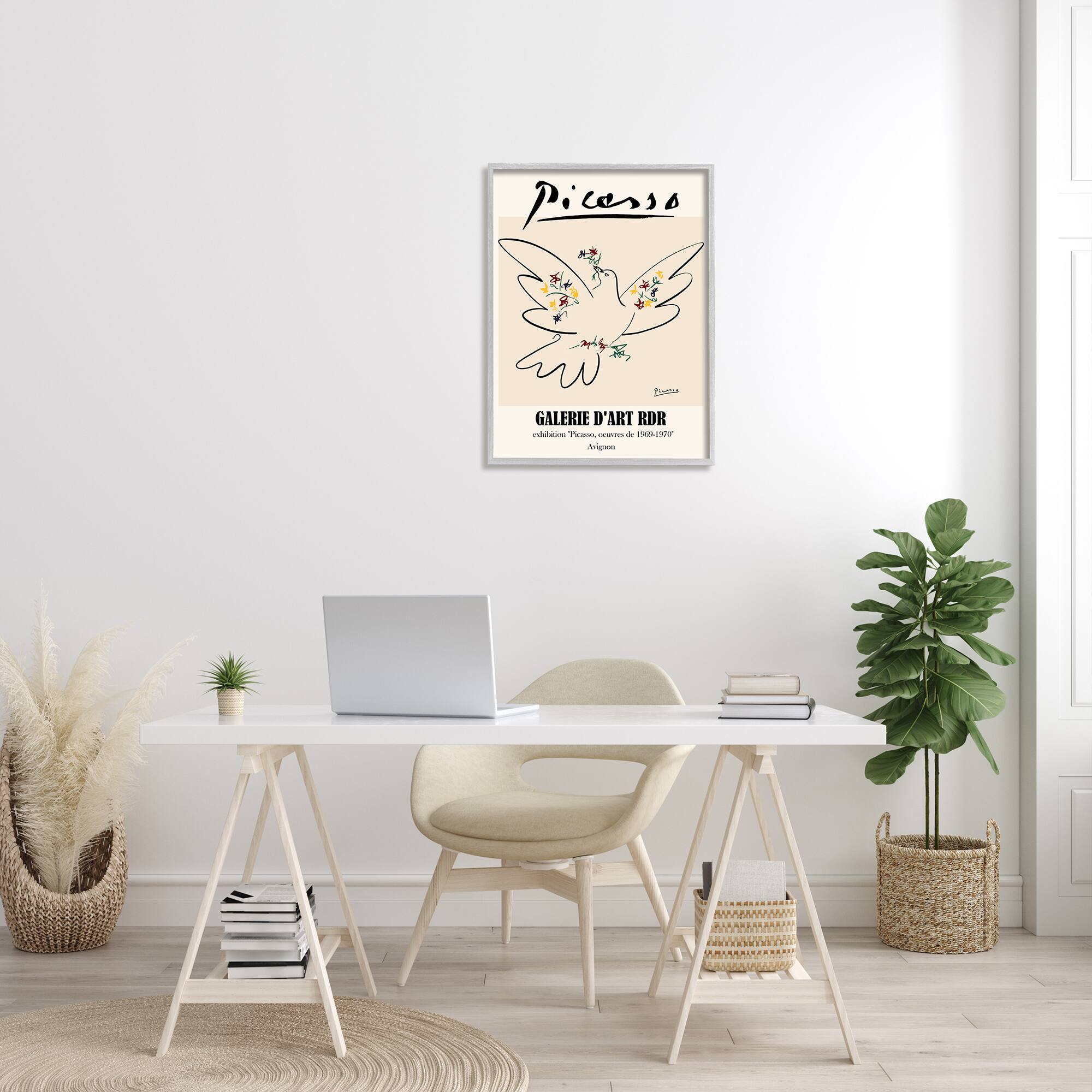 Stupell Industries Classical Abstract Picasso Peace Dove Bird Linework in Gray Frame Wall Art