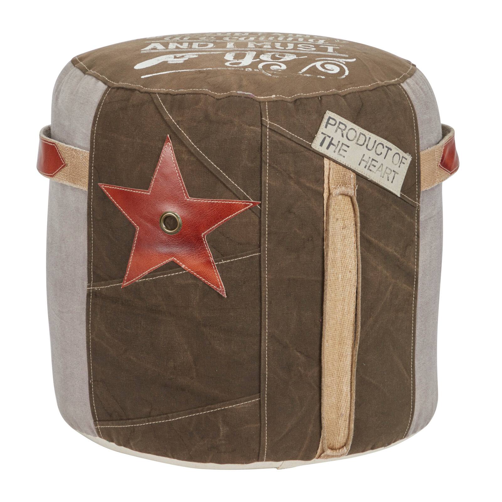 Brown Canvas and Leather Rustic Pouf, 19" x 17" x 17"