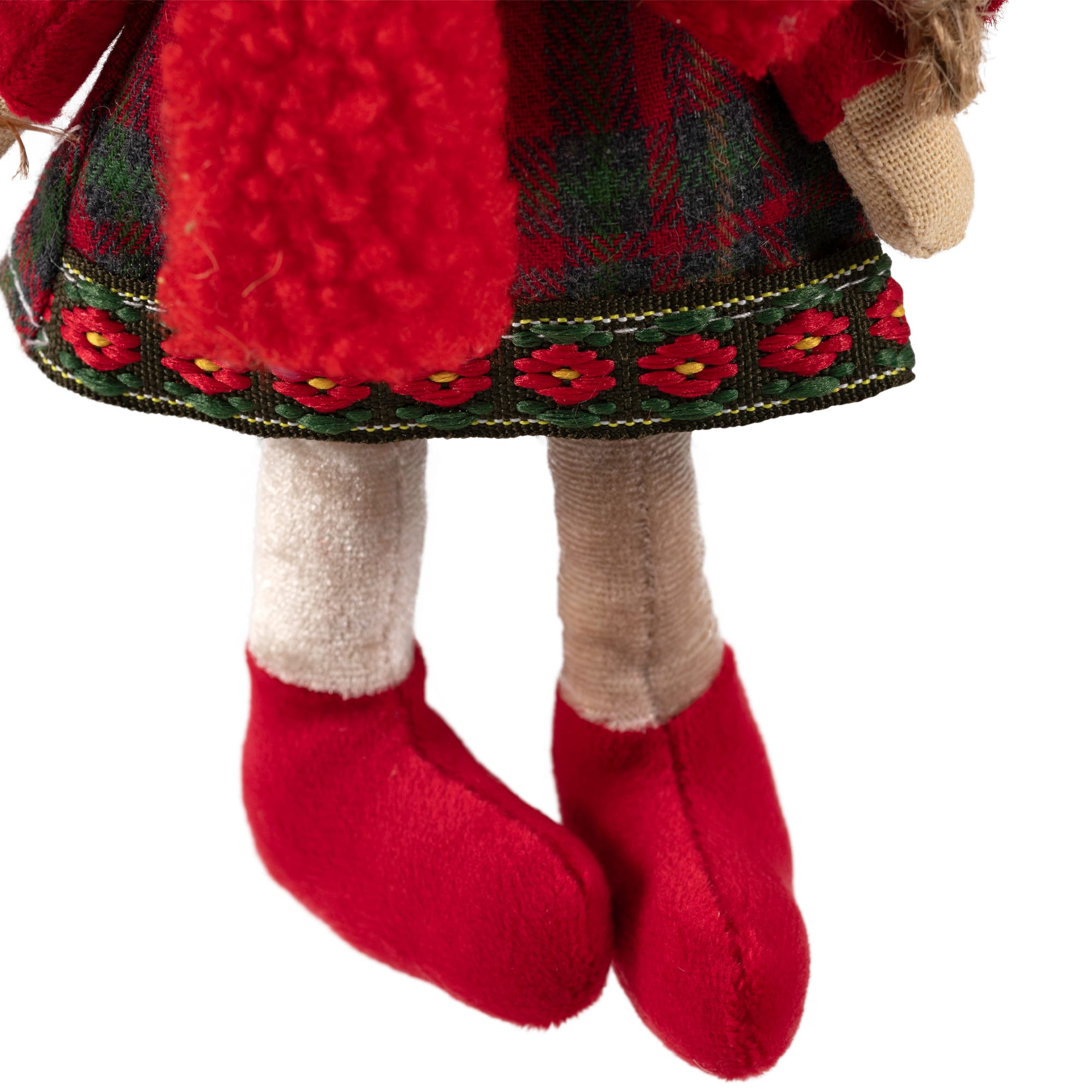 Plaid Angel Girl with Jute Pigtails Christmas Ornament - 8.5" - Red and Beige
