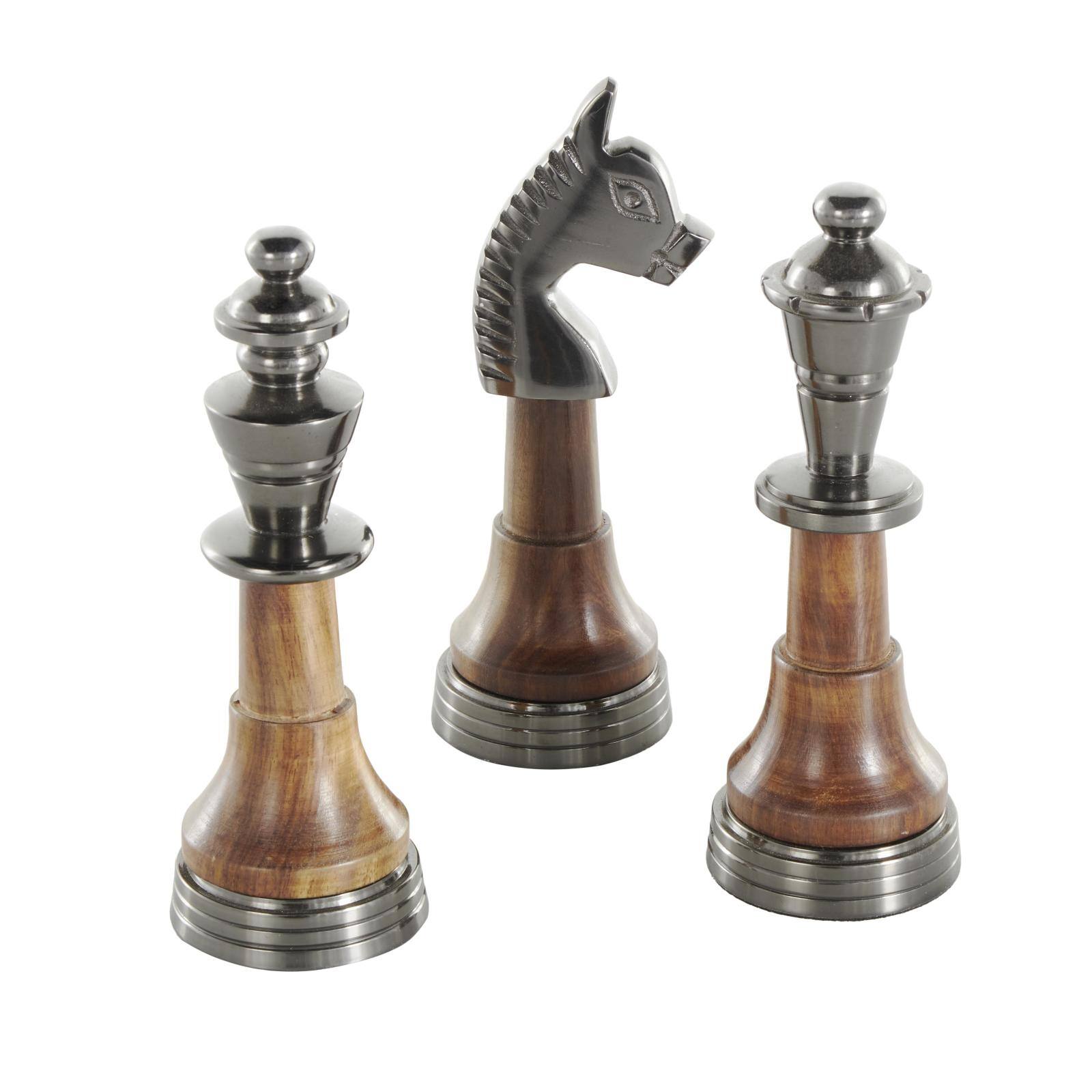 7" Silver Aluminum Metal Chess King, Queen, & Knight Sculpture with Mango Wood Center, 3ct.