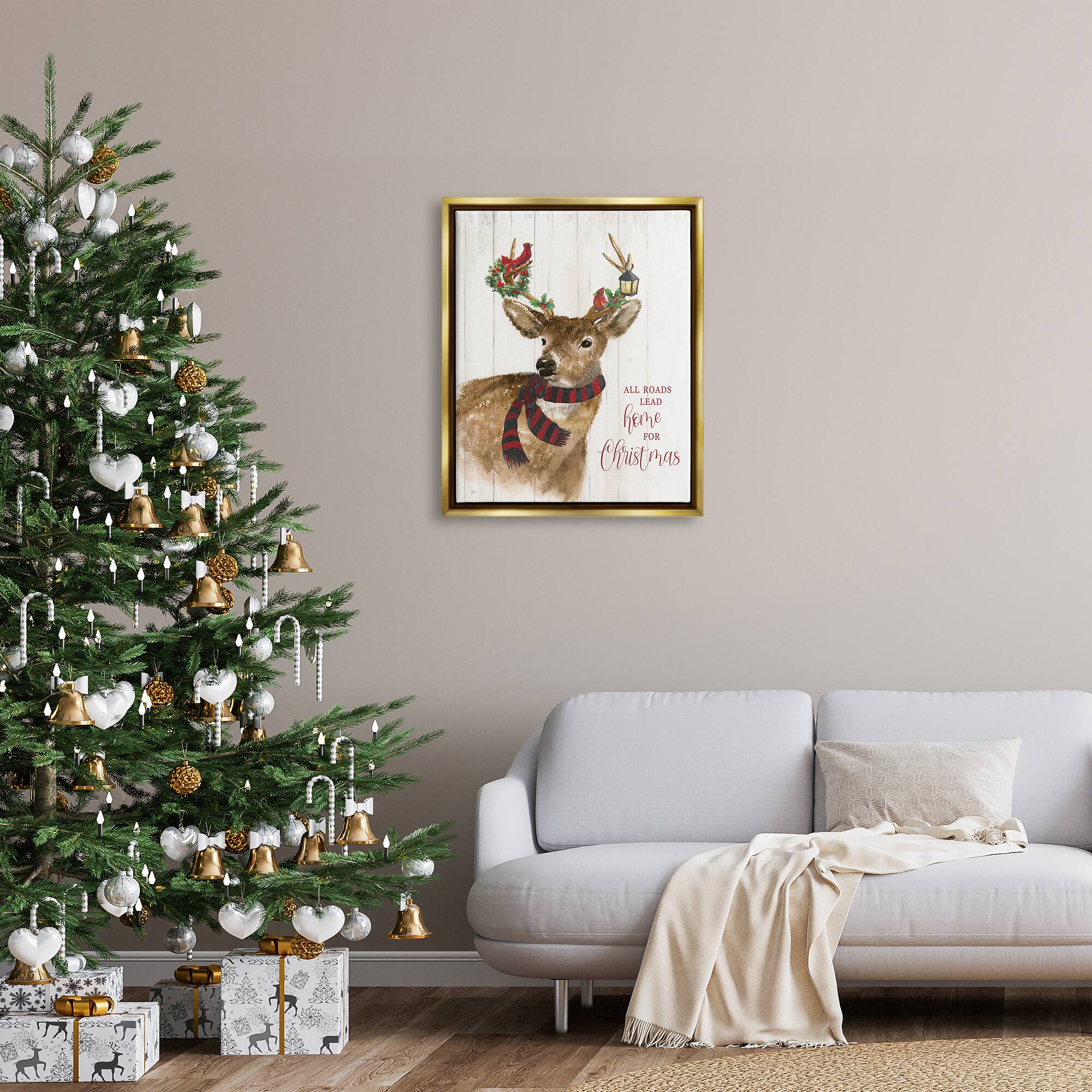 Stupell Industries All Roads Lead Home Christmas Deer Framed Floater Canvas Wall Art