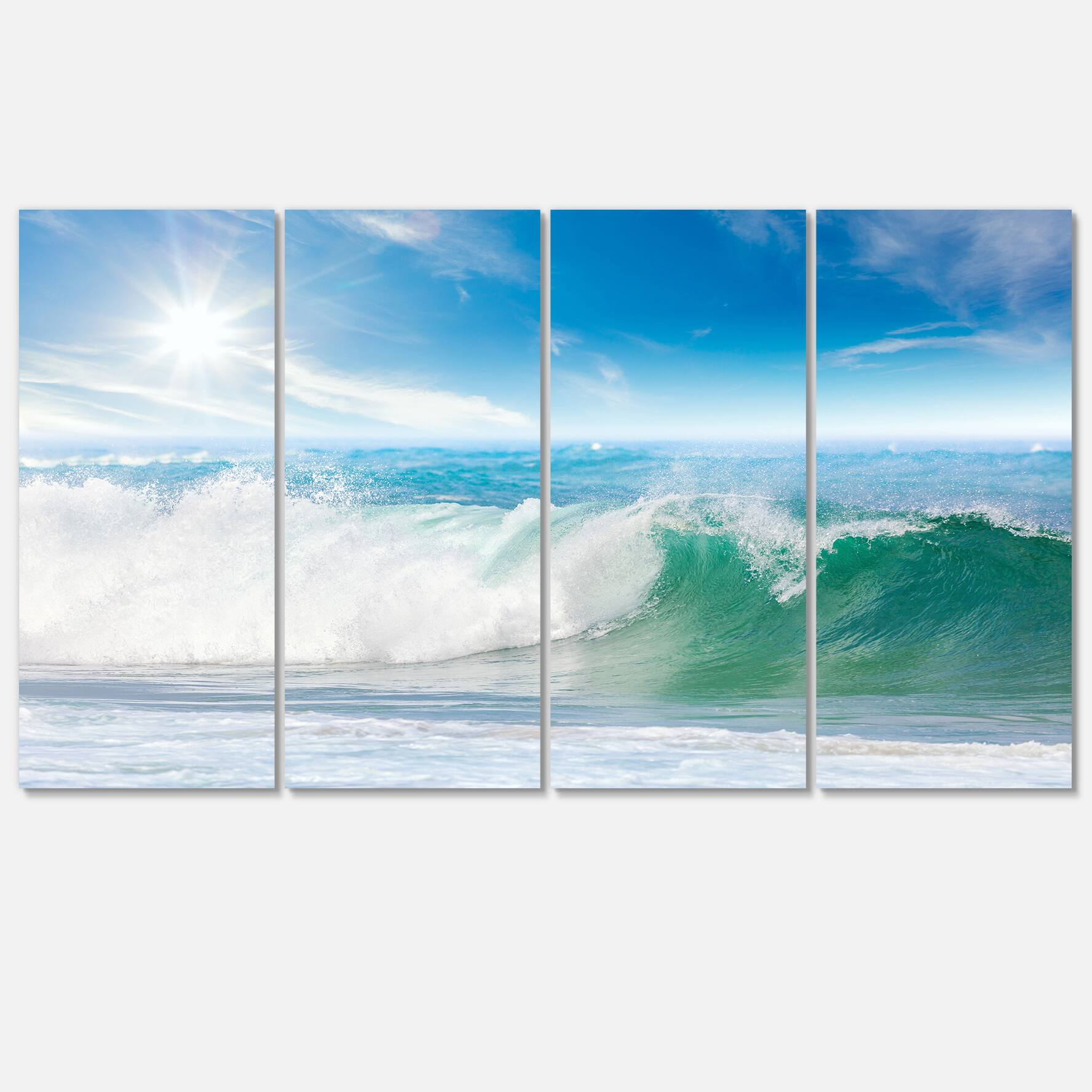 Designart - White and Blue Waves under Sun - Seascape Canvas Art Print
