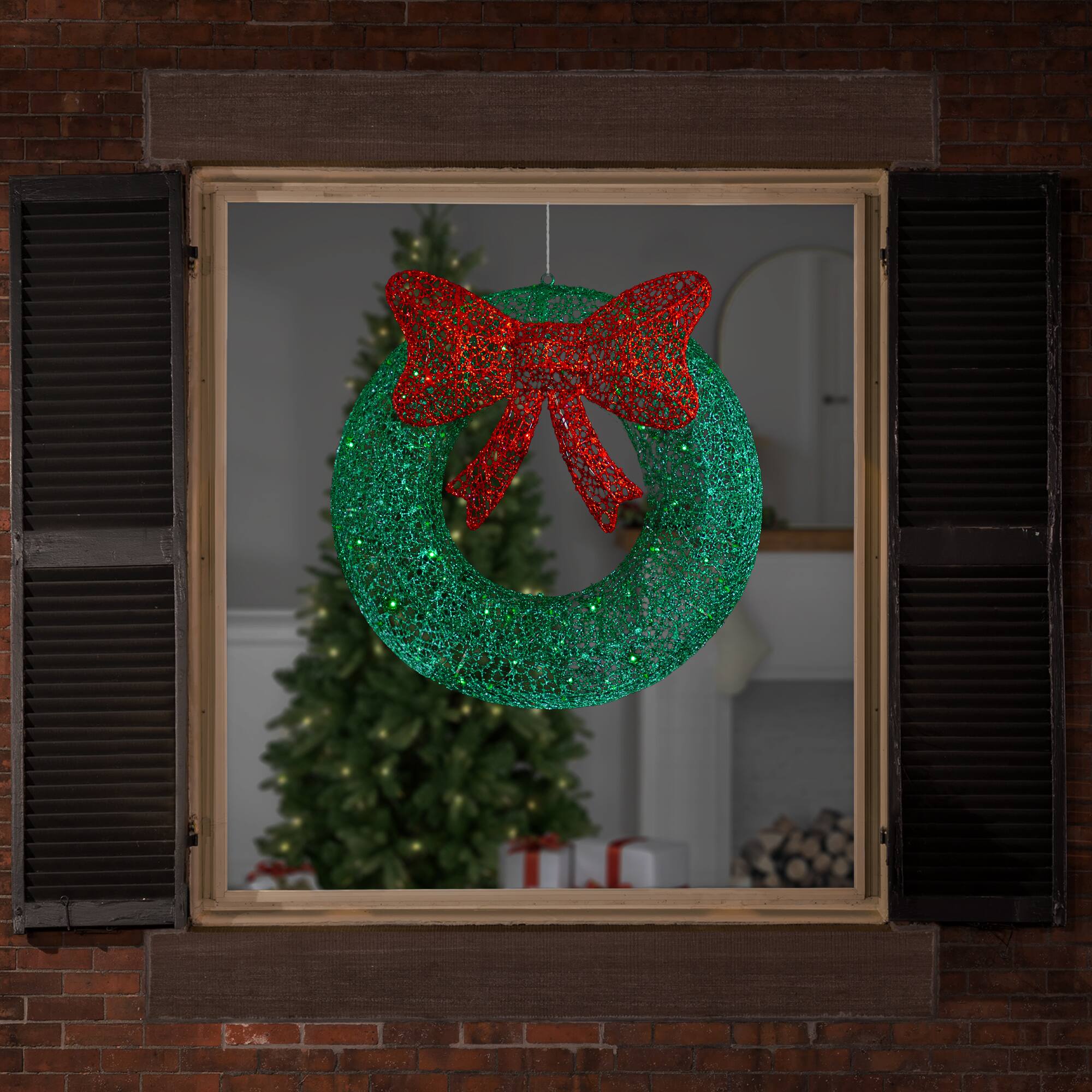 24" LED Green Glitter Wreath with Red Bow