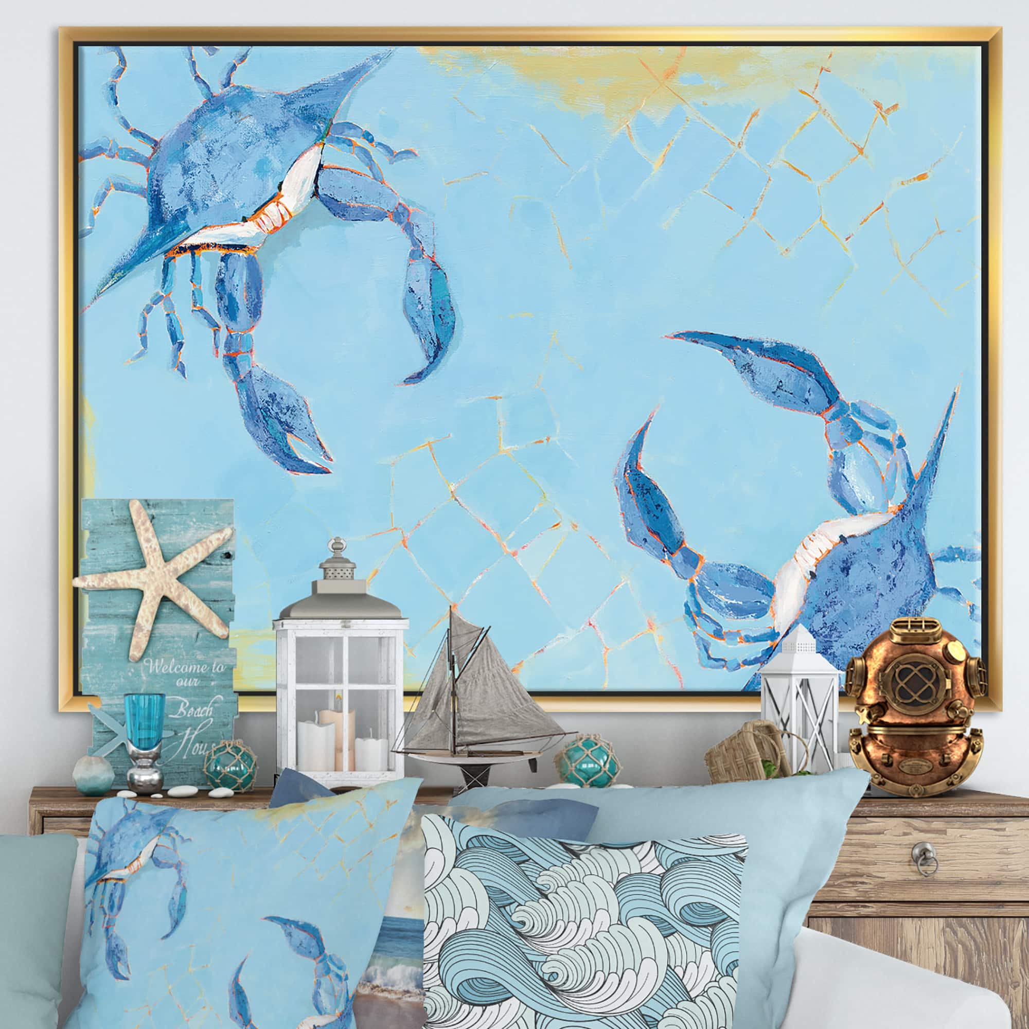 Designart - Blue Coastal crab Battle - Nautical & Coastal Canvas in Gold Frame