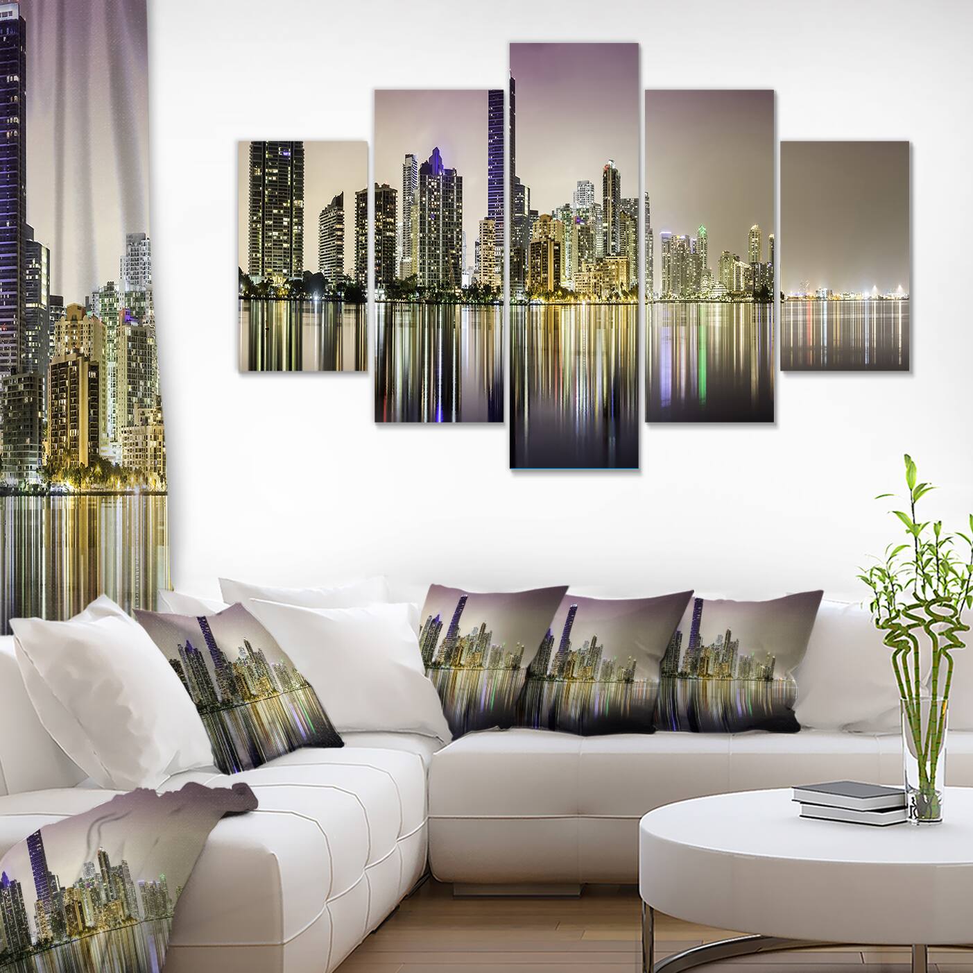 Designart - Miami Downtown Night Panorama - Purple - Extra Large Canvas Art Print