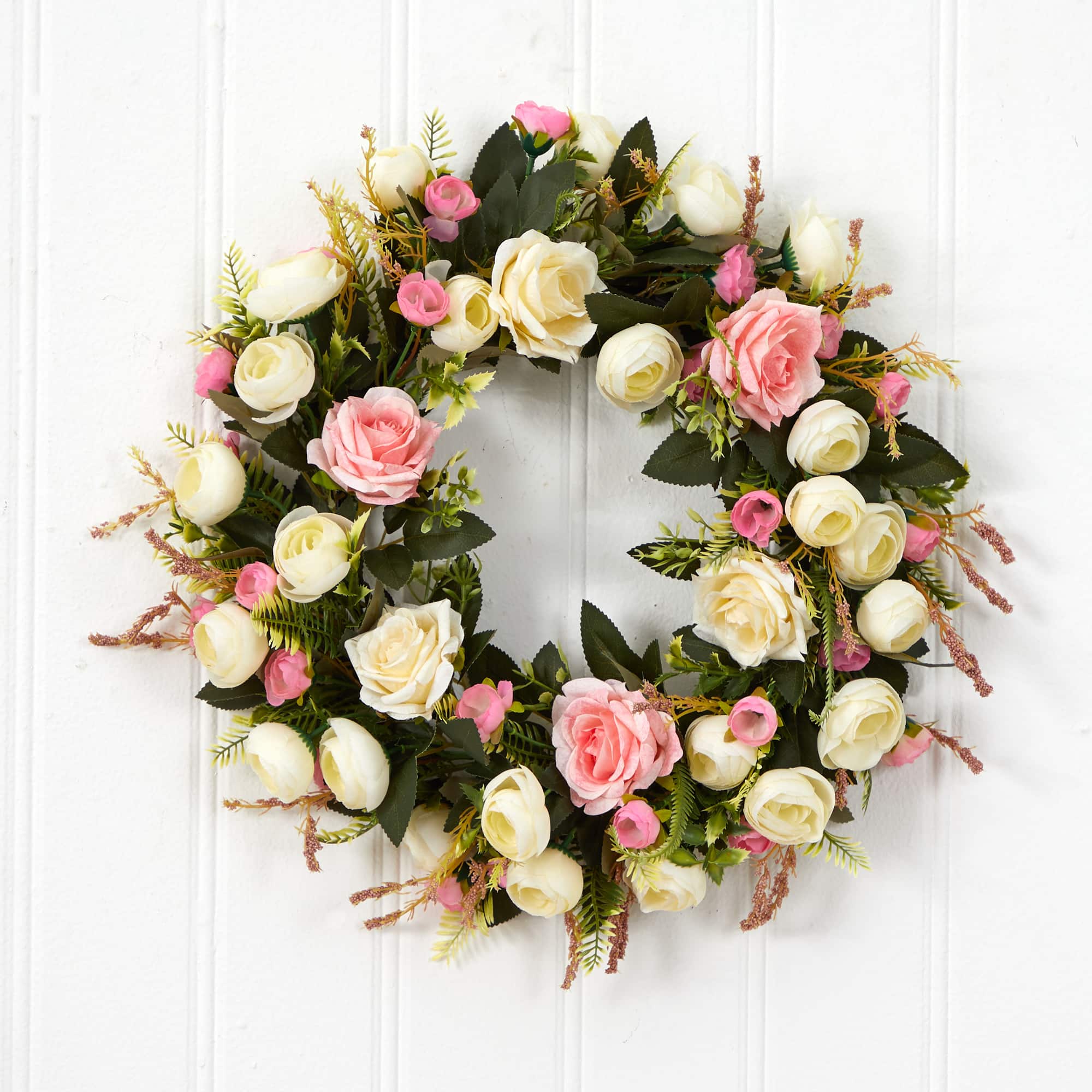 20" White & Pink Rose Wreath