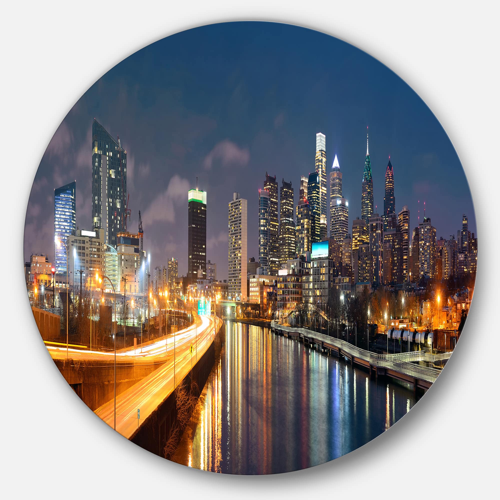 Designart - Philadelphia Skyline at Night&#x27; Ultra Glossy Cityscape Circle Wall Art
