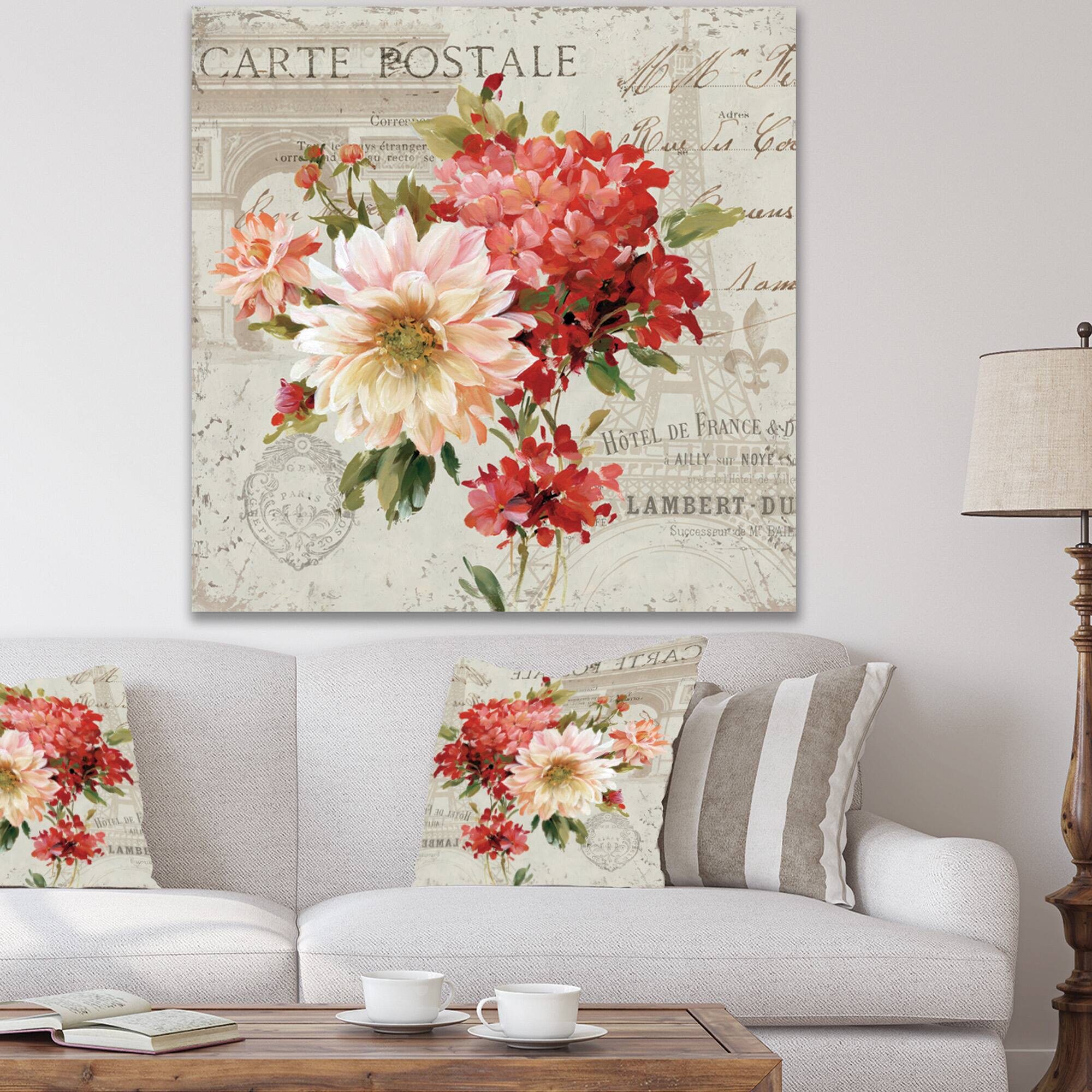 Designart - Red Painted Flowers on Vintage Postcard III - Farmhouse Canvas Artwork