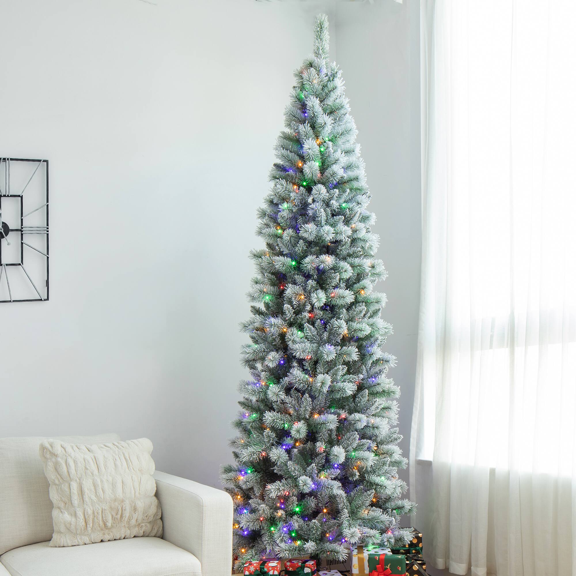 9ft. Pre-Lit Flocked Pine Pencil Artificial Christmas Tree, Multicolor LED Lights