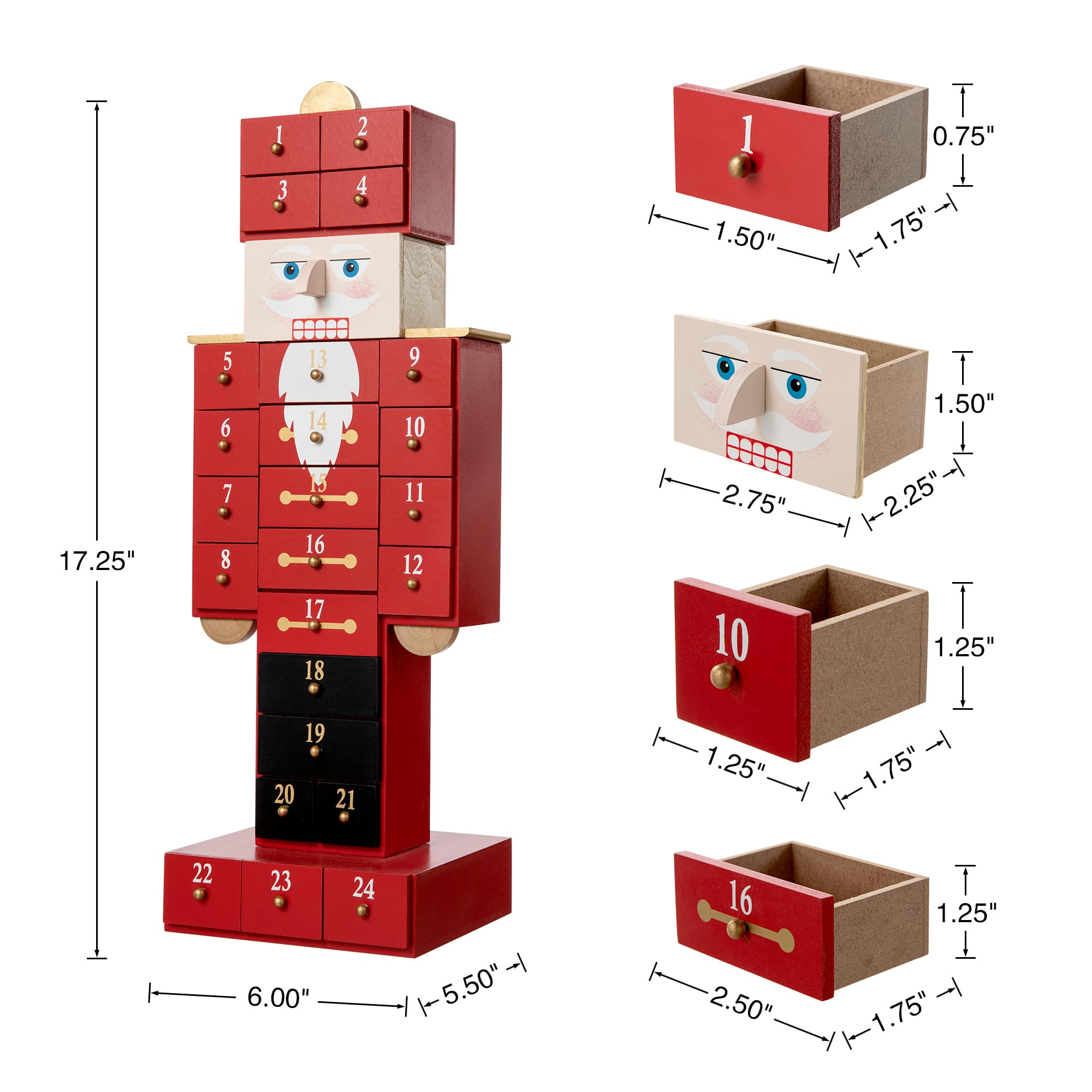 Glitzhome&#xAE; 17.25&#x27;&#x27; Wooden Christmas Nutcracker Countdown Calendar D&#xE9;cor with Drawer