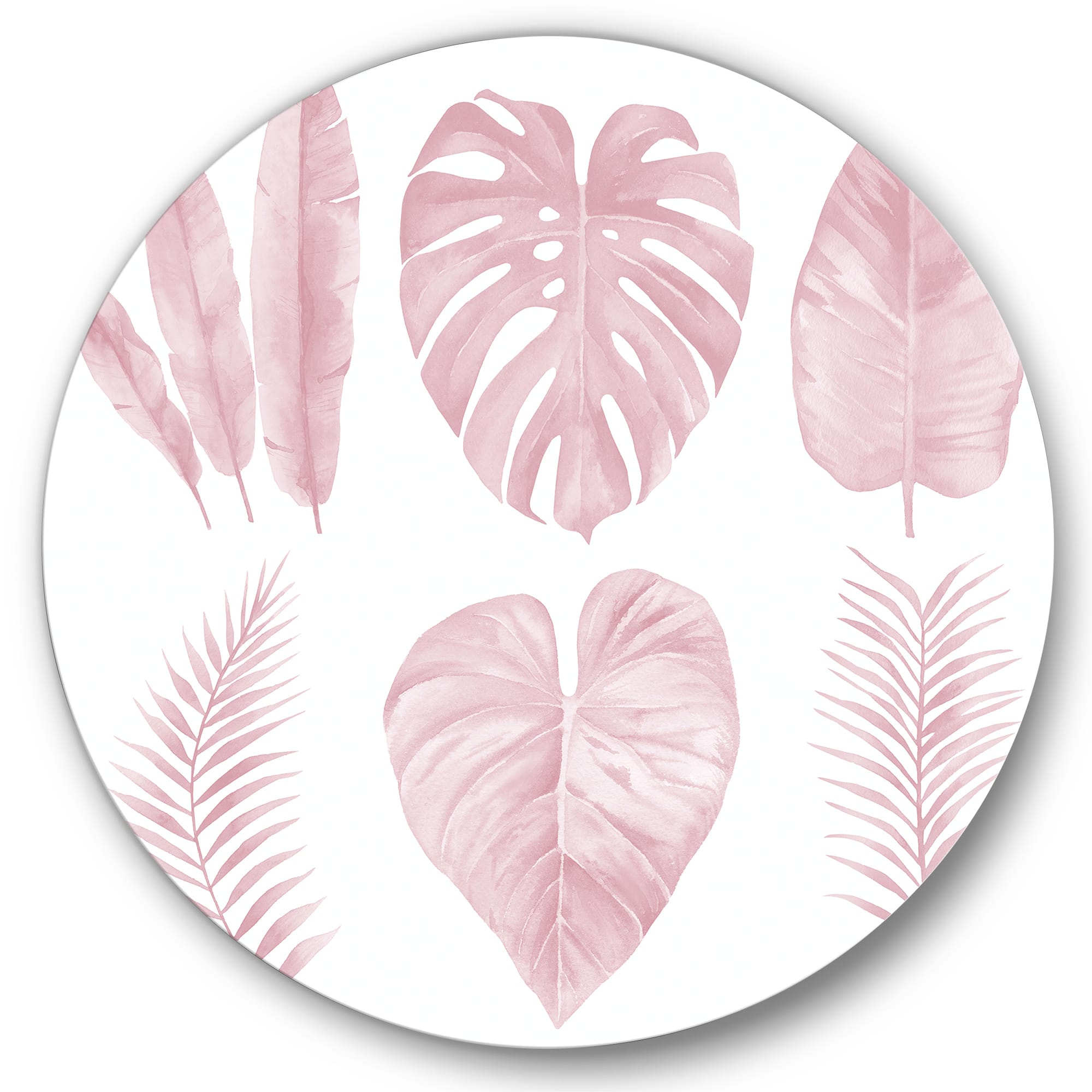 Designart - Tropical Pink Watercolour Leaves I - Shabby Chic Metal Circle Wall Art