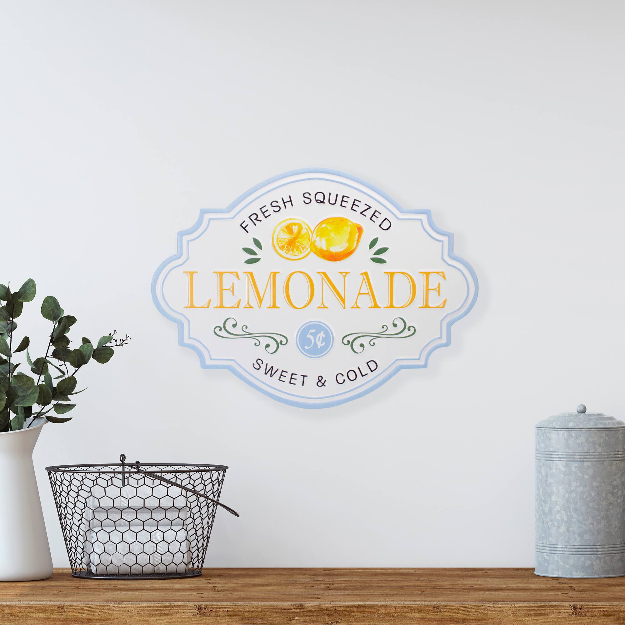 15.25" Yellow & Blue Metal Fresh Squeezed Lemonade Sign Spring Wall Décor