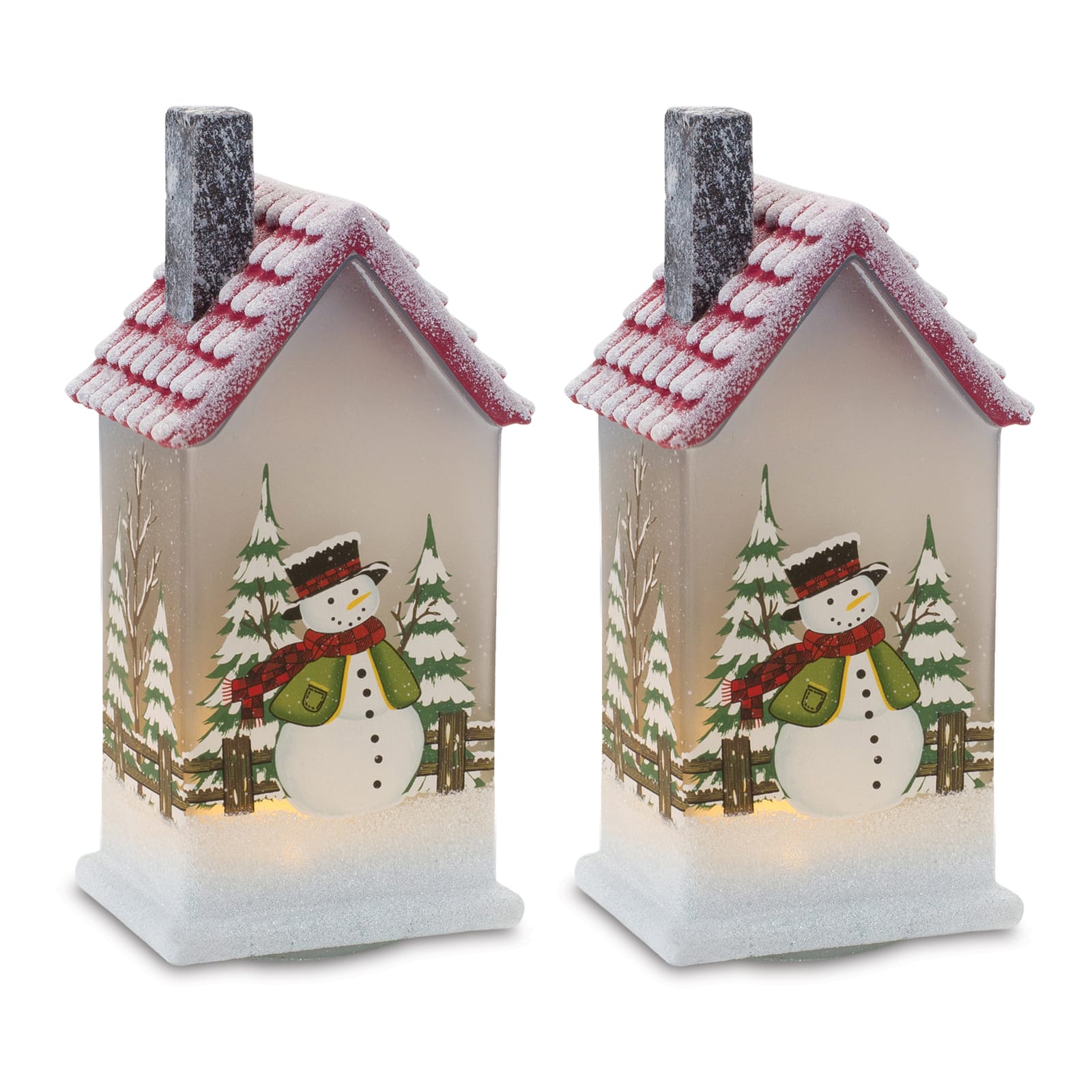 9" Frosted Glass Home with Snowman LED Tabletop Town Décor Set