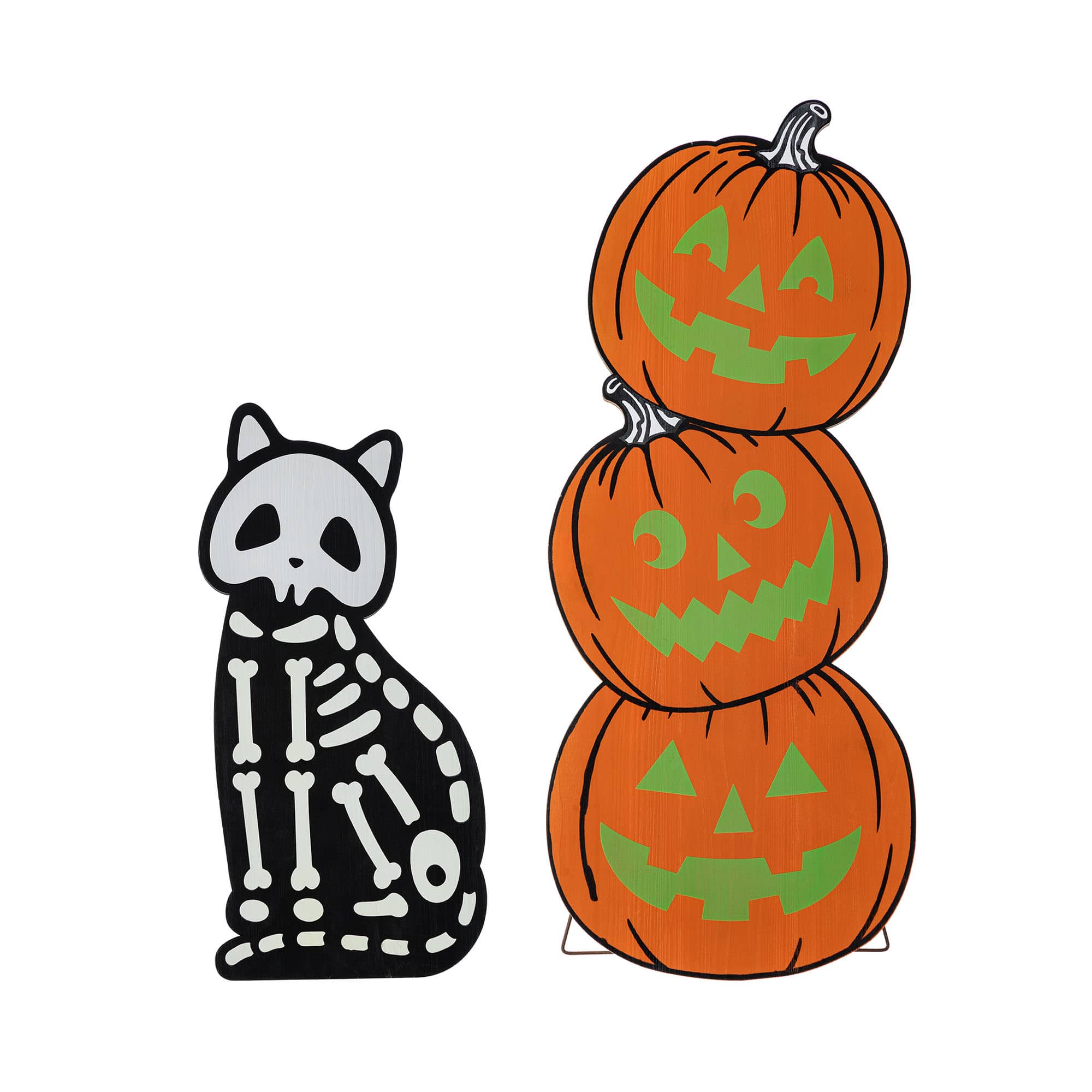 Glitzhome&#xAE; Halloween Wooden Skeleton Cat and Stacked Pumpkin Porch Decor Set