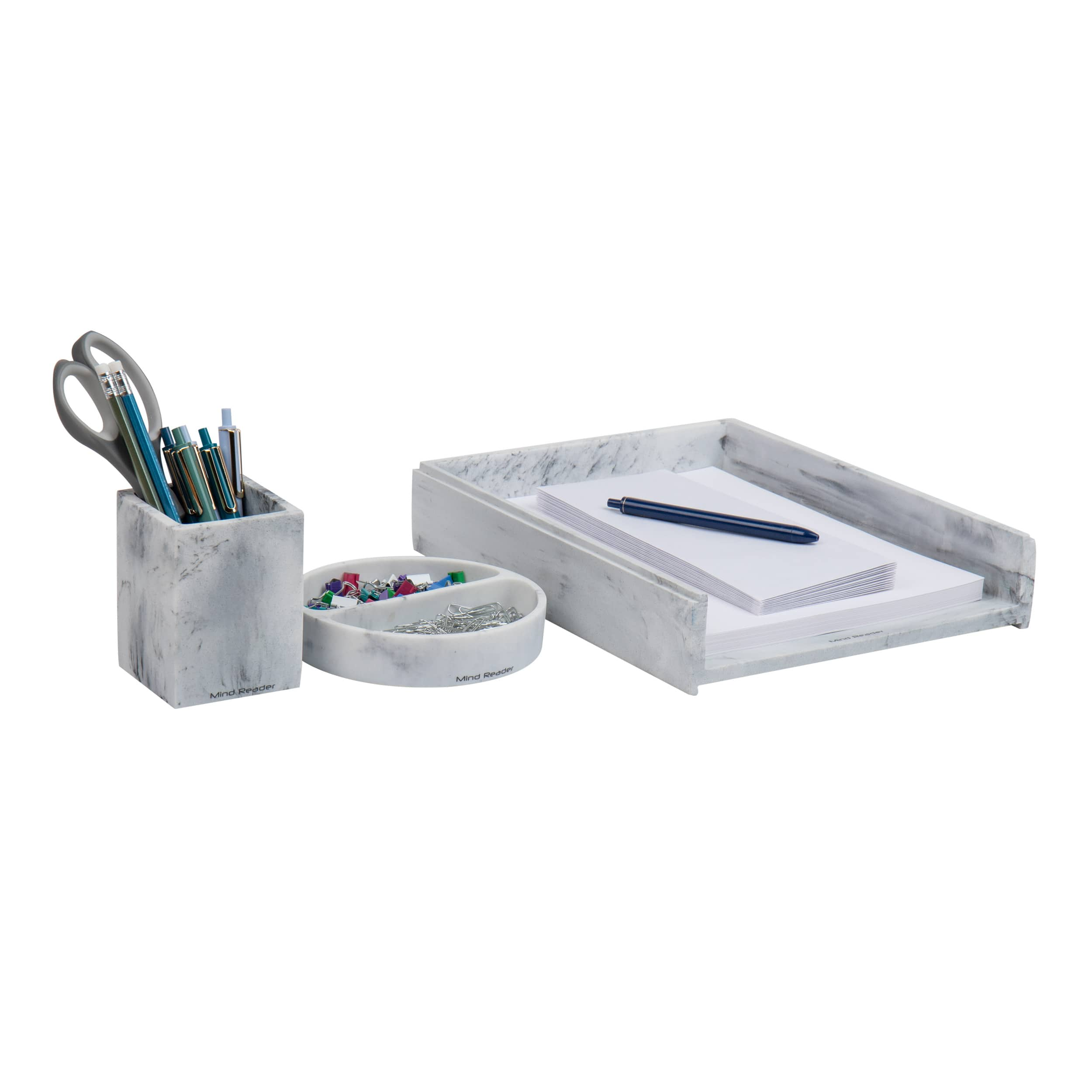 Mind Reader Marbella Collection White Pen Cup, Catch-All Dish &#x26; Paper Tray Office Set