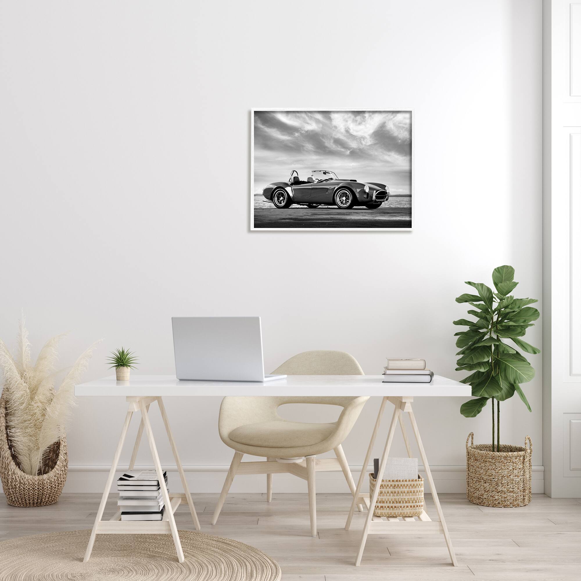 Stupell Industries Vintage Sports Convertible Car Beach Photography Black White Framed Wall Art