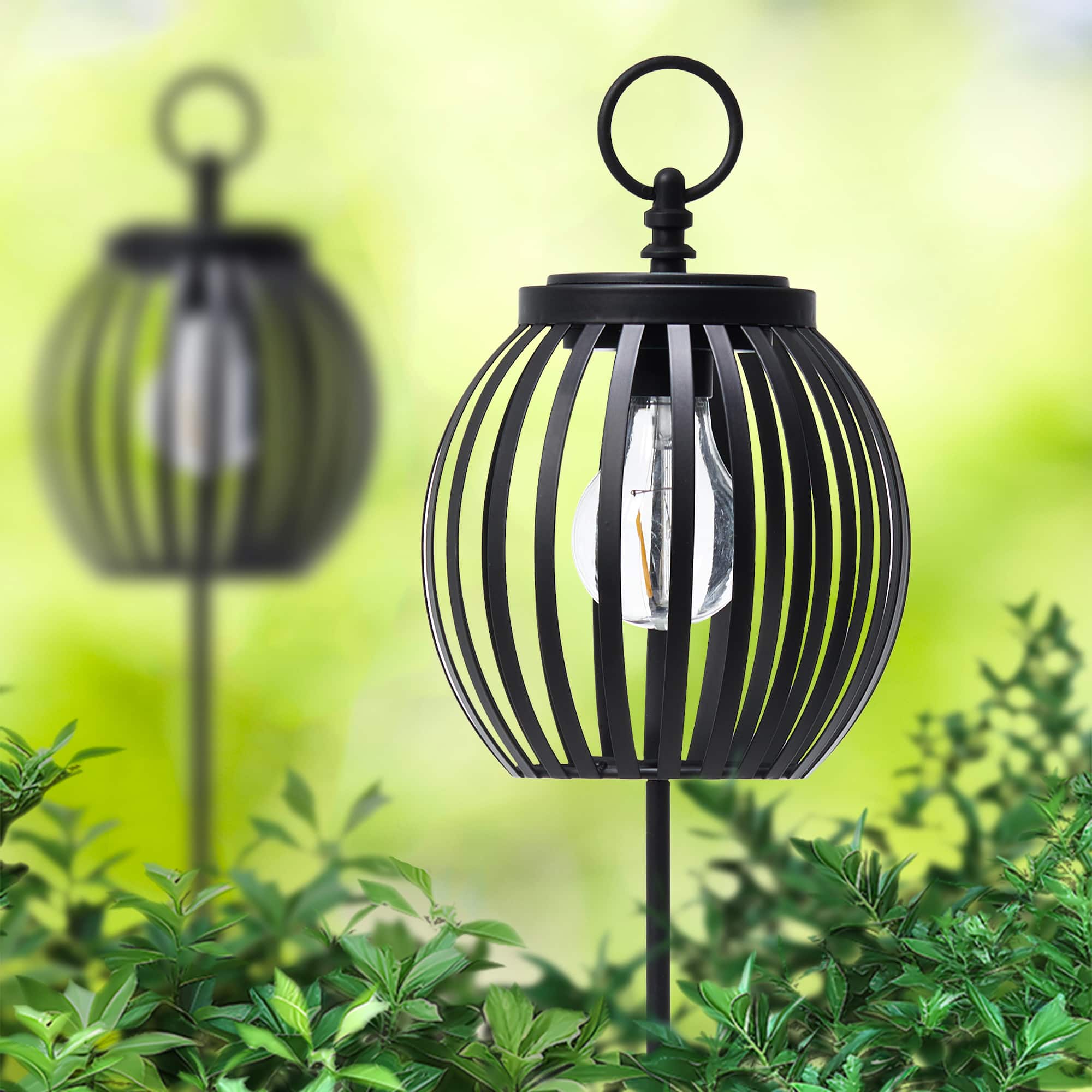 Glitzhome&#xAE; 32.25&#x22; Black Metal Stripes Solar Powered Outdoor Lantern