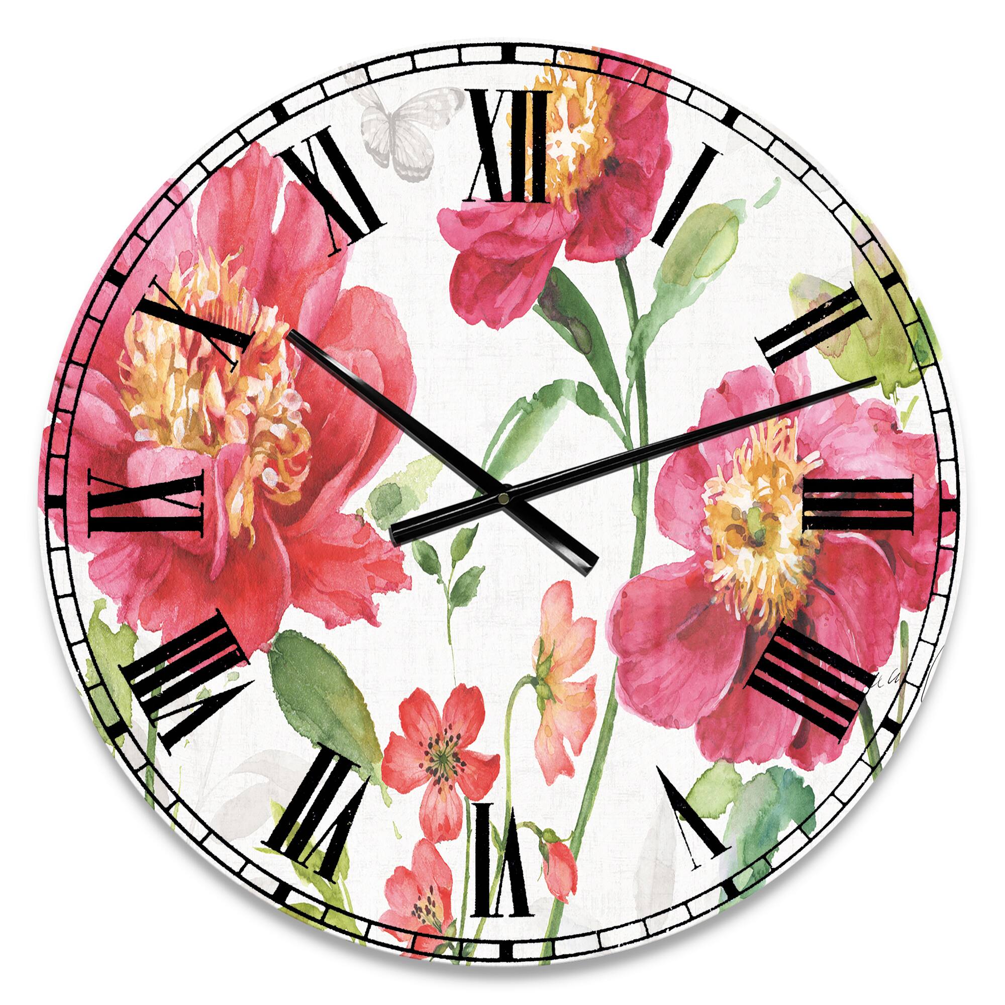 Designart &#x27;Red Springflowers And Handpainted Butterfly Traditional Wall Clock