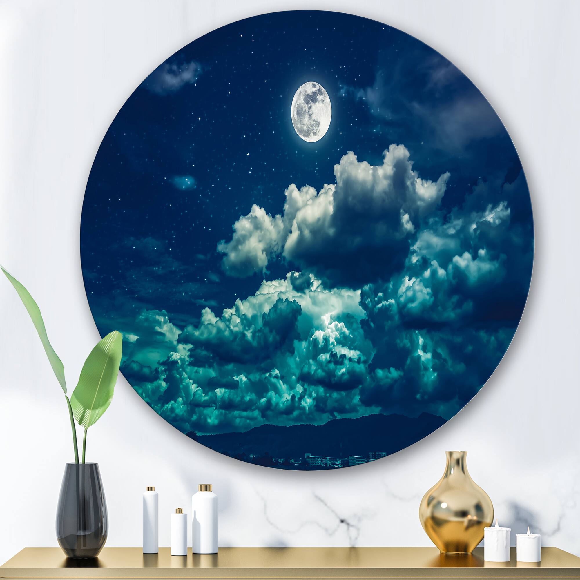 Designart - Full Moon In Cloudy Night Sky II - Nautical & Coastal Metal Circle Wall Art