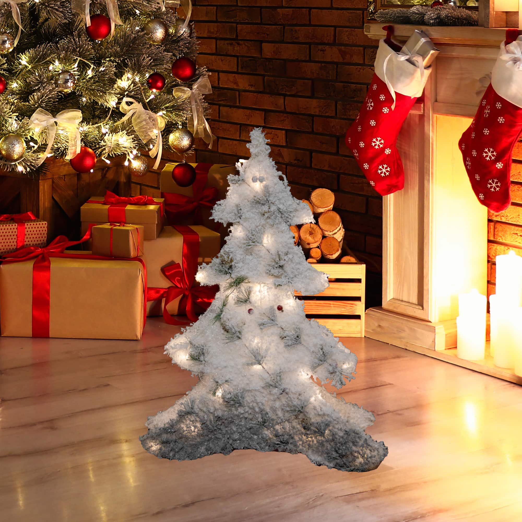 27.5" LED Lighted 2-D Tinsel & Pine Christmas Tree Decoration with Warm White Lights