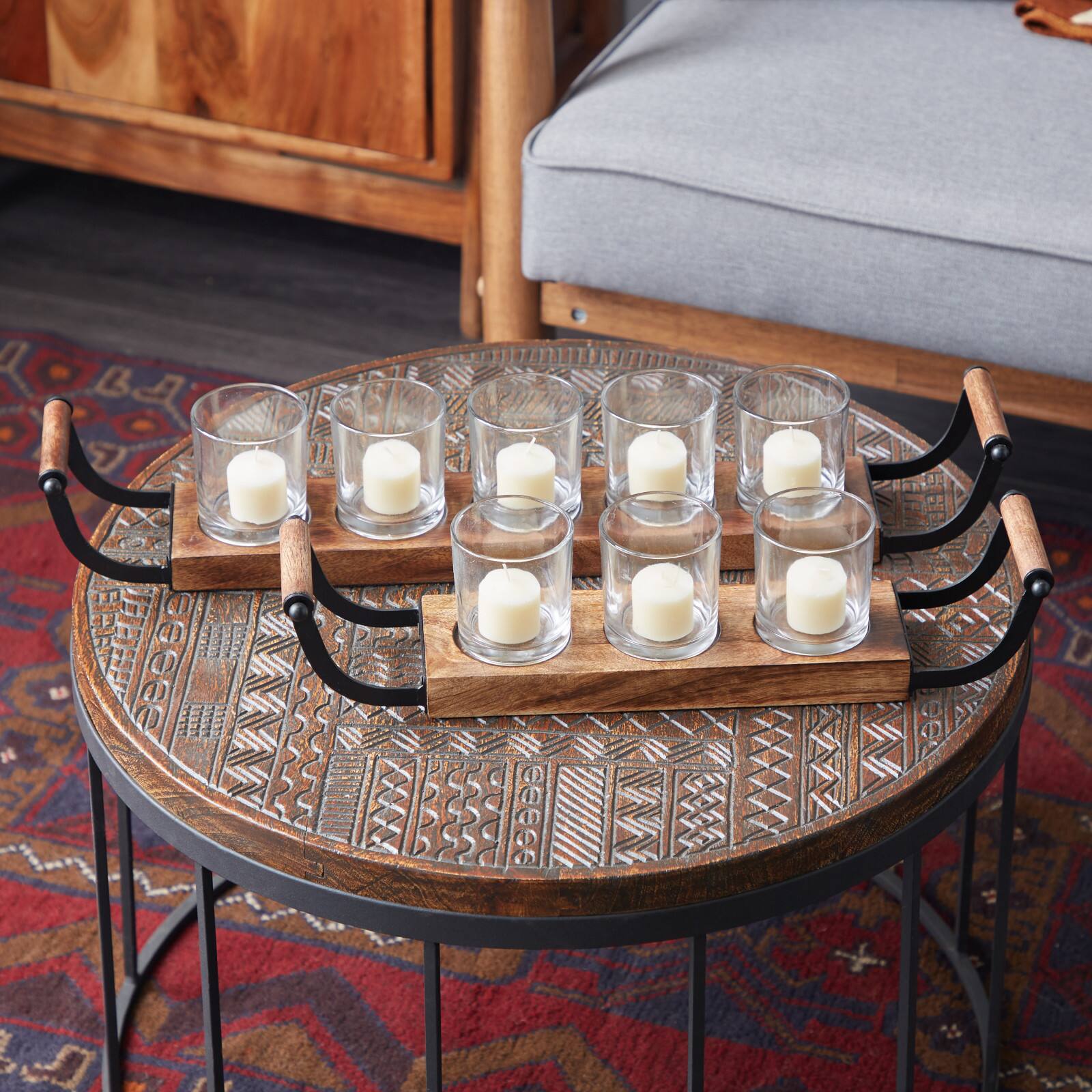 Set of 2 Brown Mango Wood Traditional Candle Holder, 17.5&#x22;, 24&#x22;
