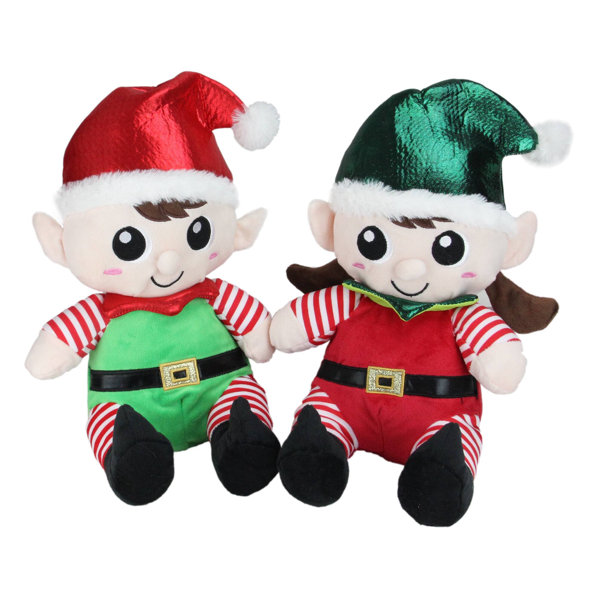 13" Red Plush Sitting Boy & Girl Christmas Elf Figure Set