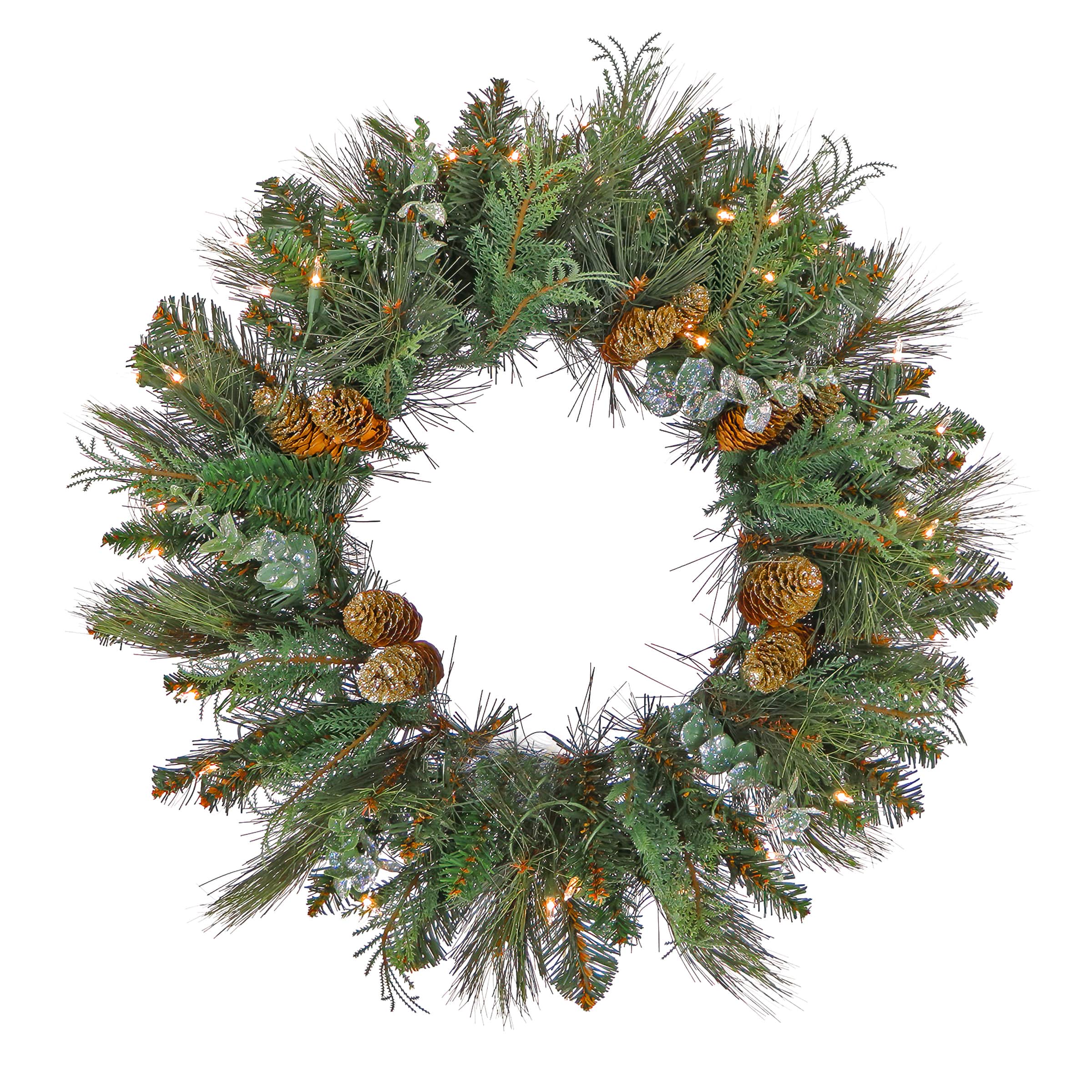 First Traditions&#x2122; 30&#x27;&#x27; Pre-Lit Artificial North Conway Wreath with Glittery Cones and Eucalyptus