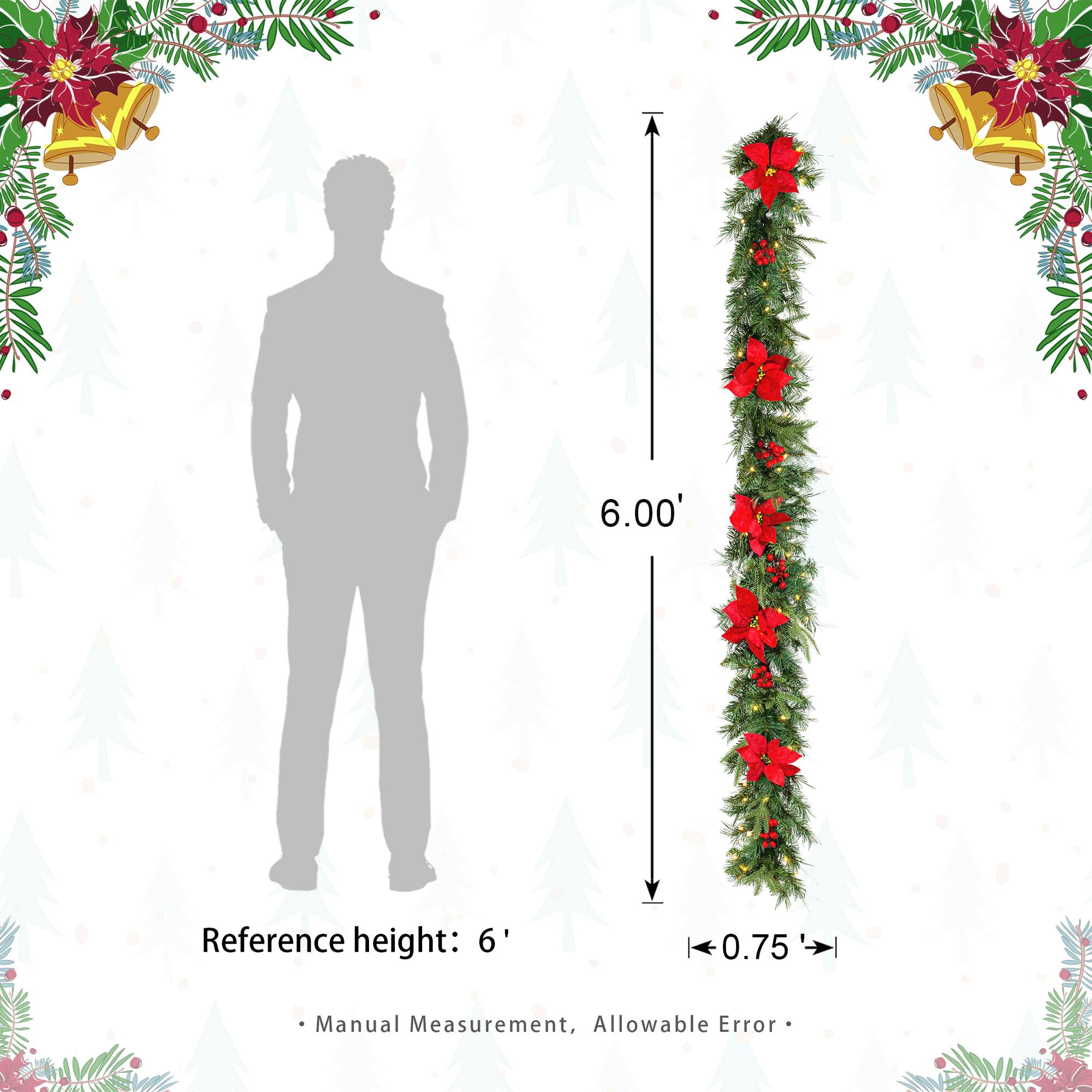 Glitzhome&#xAE; 6ft. Pre-Lit Pine, Red Poinsettia &#x26; Berries Christmas Garlands with Timers, 2ct.