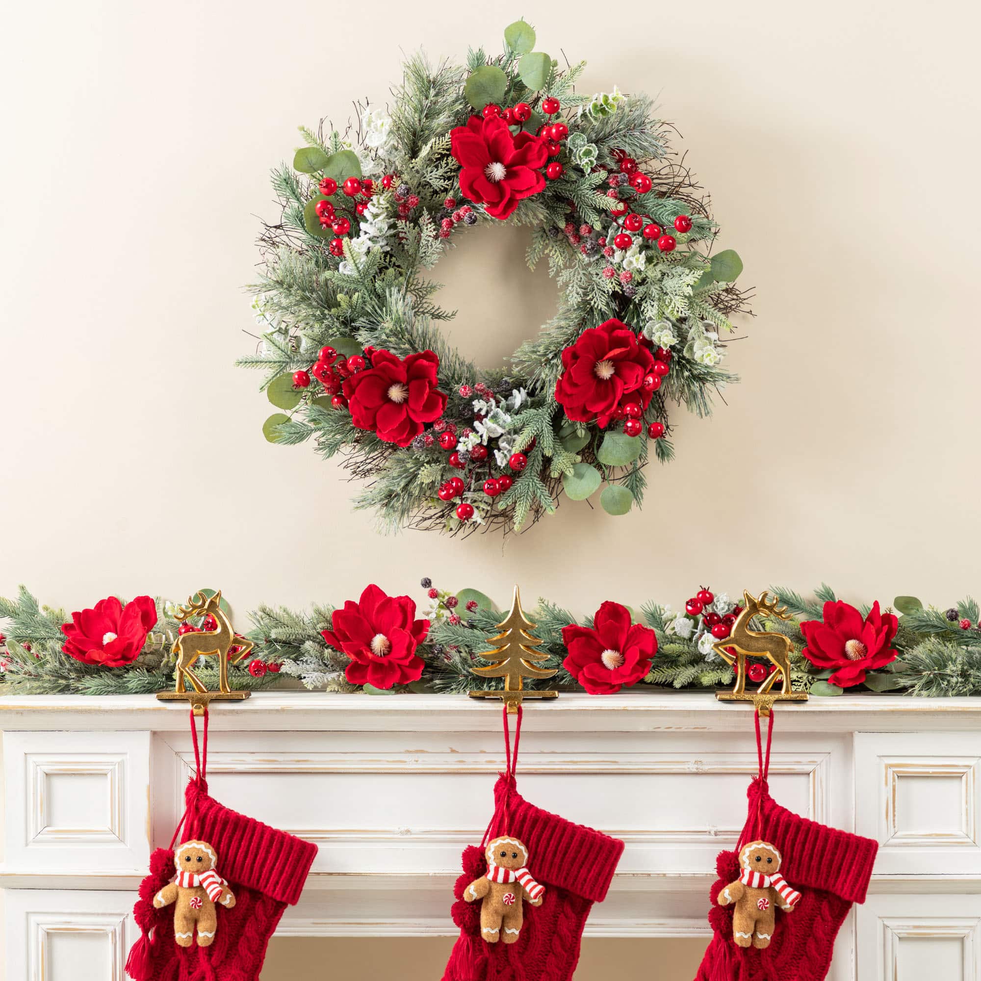 Glitzhome&#xAE; 6FT Christmas Red Mangnolia &#x26; Berry Garland