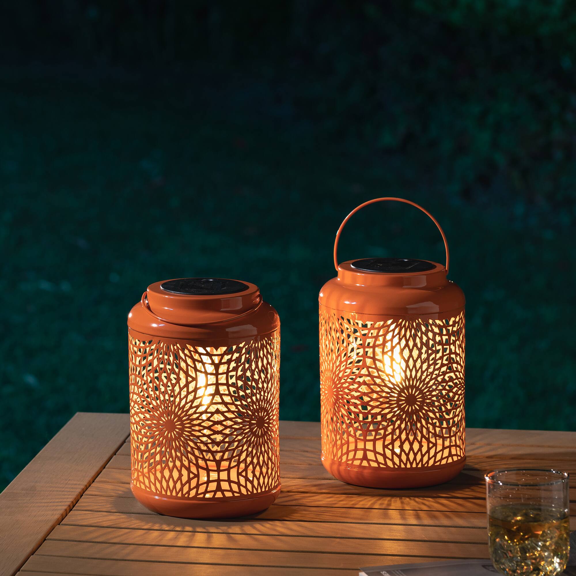 Glitzhome&#xAE; 8.75&#x22; Metal Cutout Solar Powered Hanging Lantern Set
