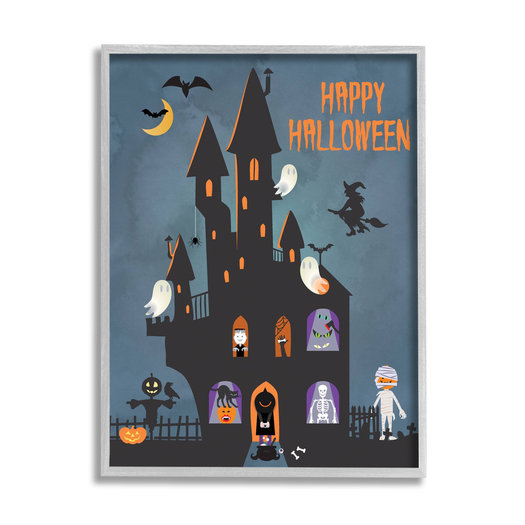 Stupell Industries Happy Halloween Haunted Ghost House Framed Giclee Art