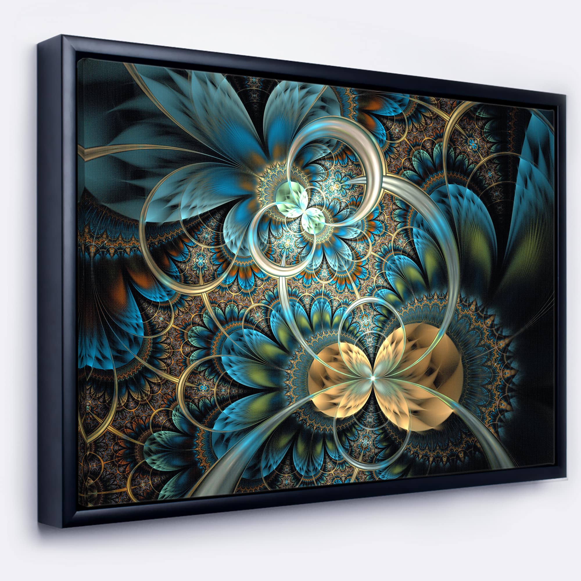 Designart - Symmetrical Blue Gold Fractal Flower - Abstract Print On Framed Canvas
