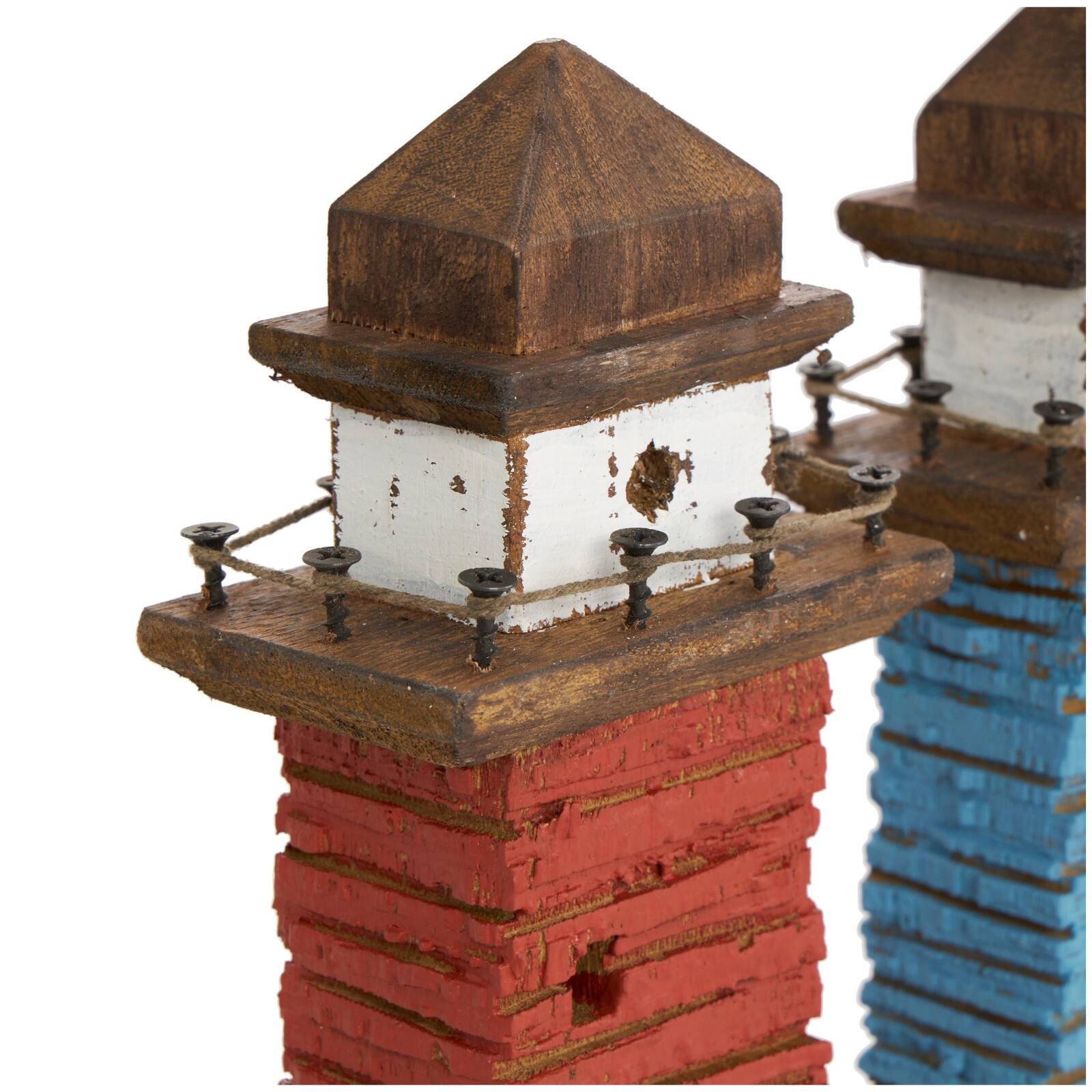 10" Red & Blue Wood Light Housee Sculpture Set