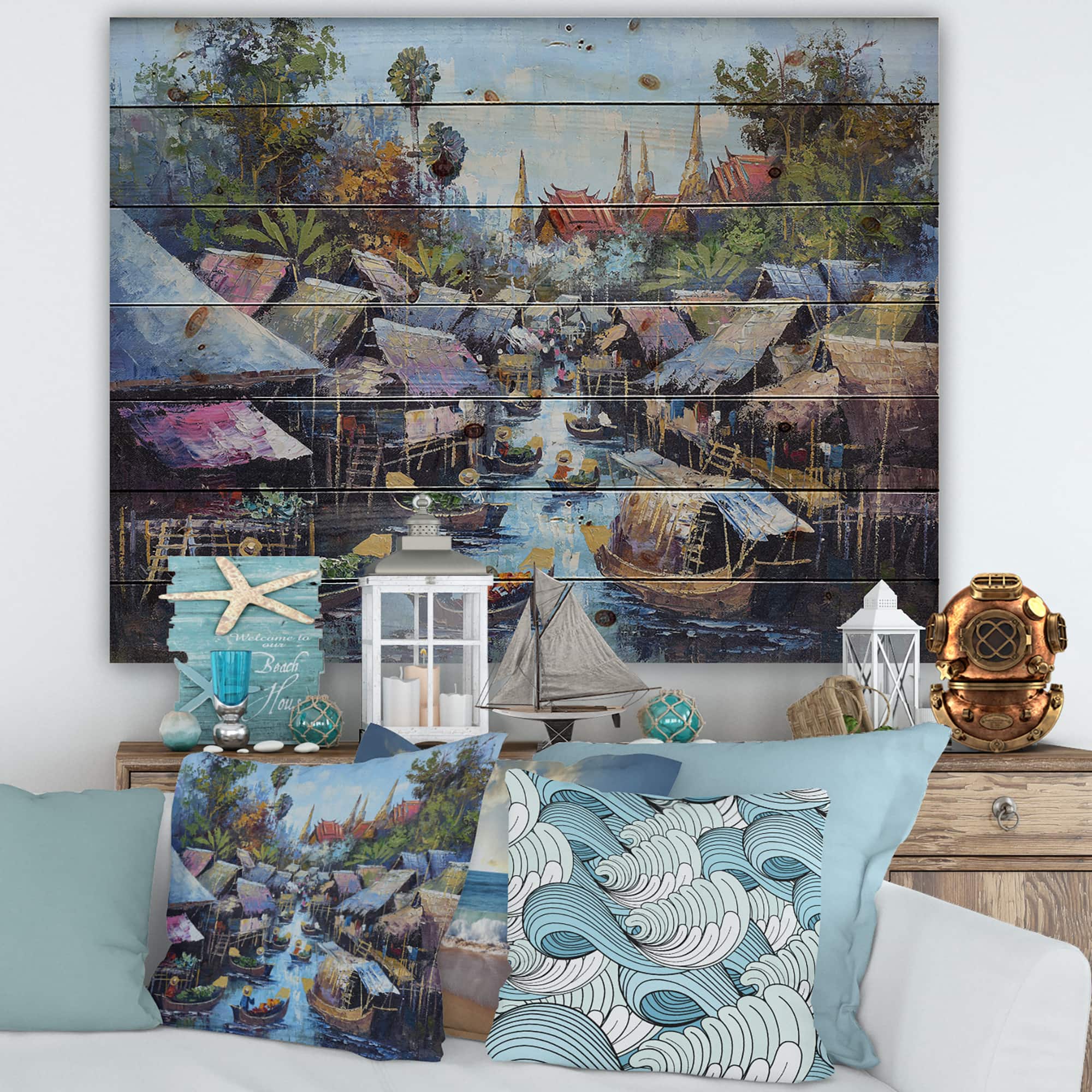 Designart - Vintage Waterside Life I - Traditional Print on Natural Pine Wood