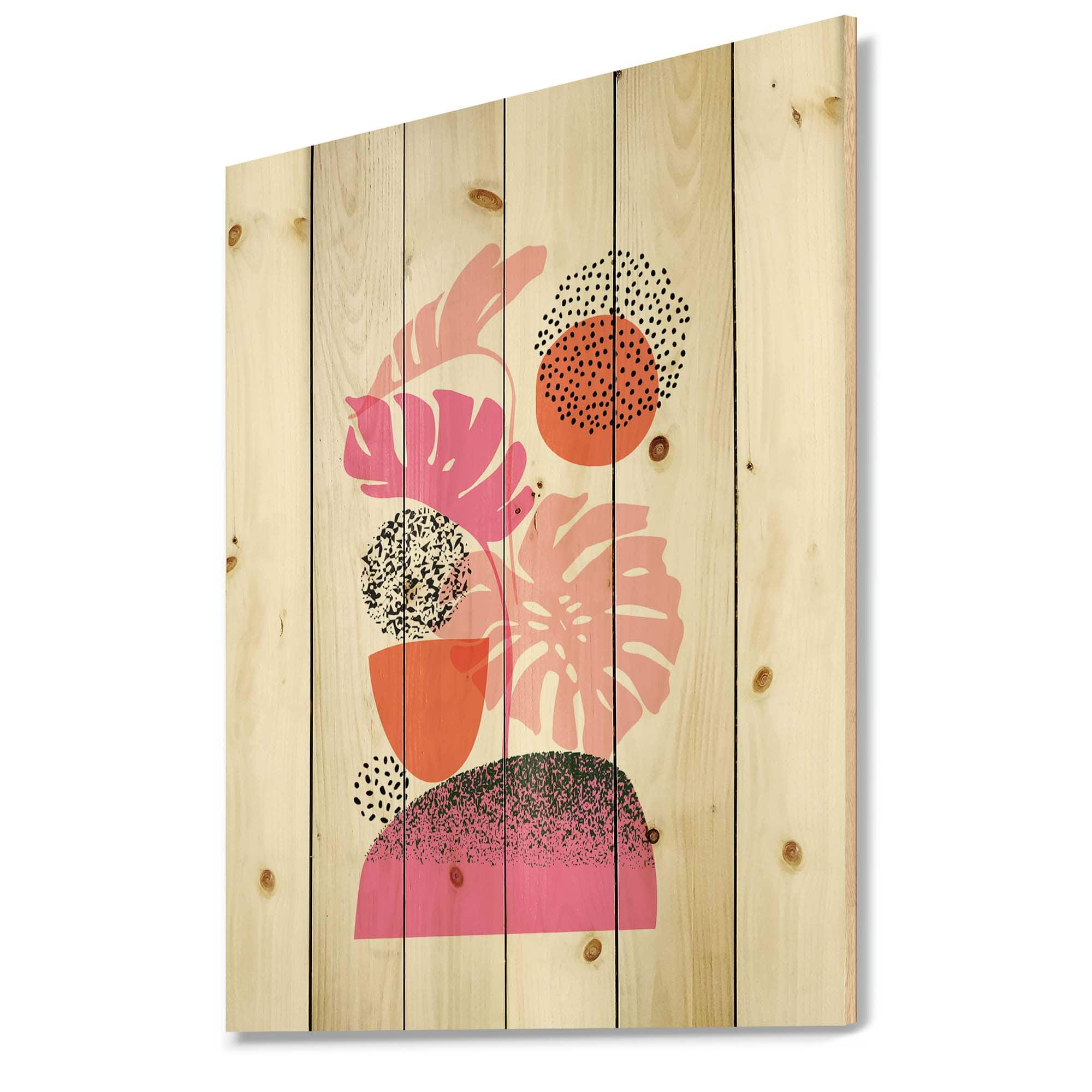 Designart - Geometric Moon &#x26; Sun Shapes With Tropical Leaves - Modern Print on Natural Pine Wood