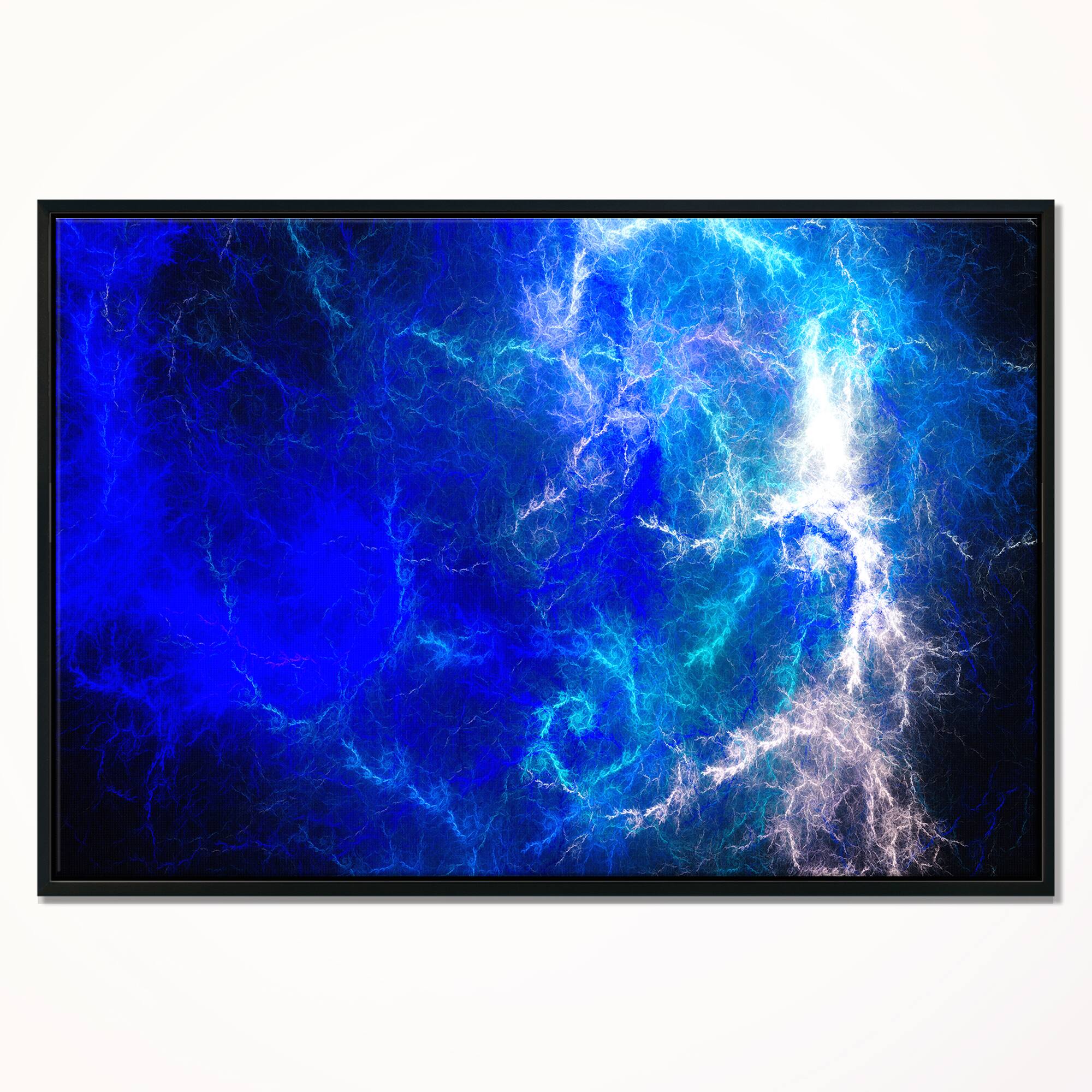 Designart - Blue Sparkling Lightning - Abstract Canvas art print in Black Frame