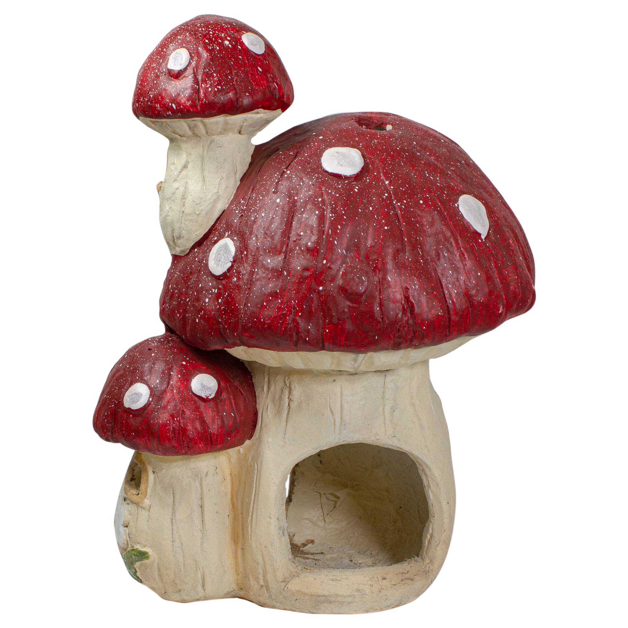 18&#x22; Red &#x26; Beige Mushroom House Outdoor Garden Statue