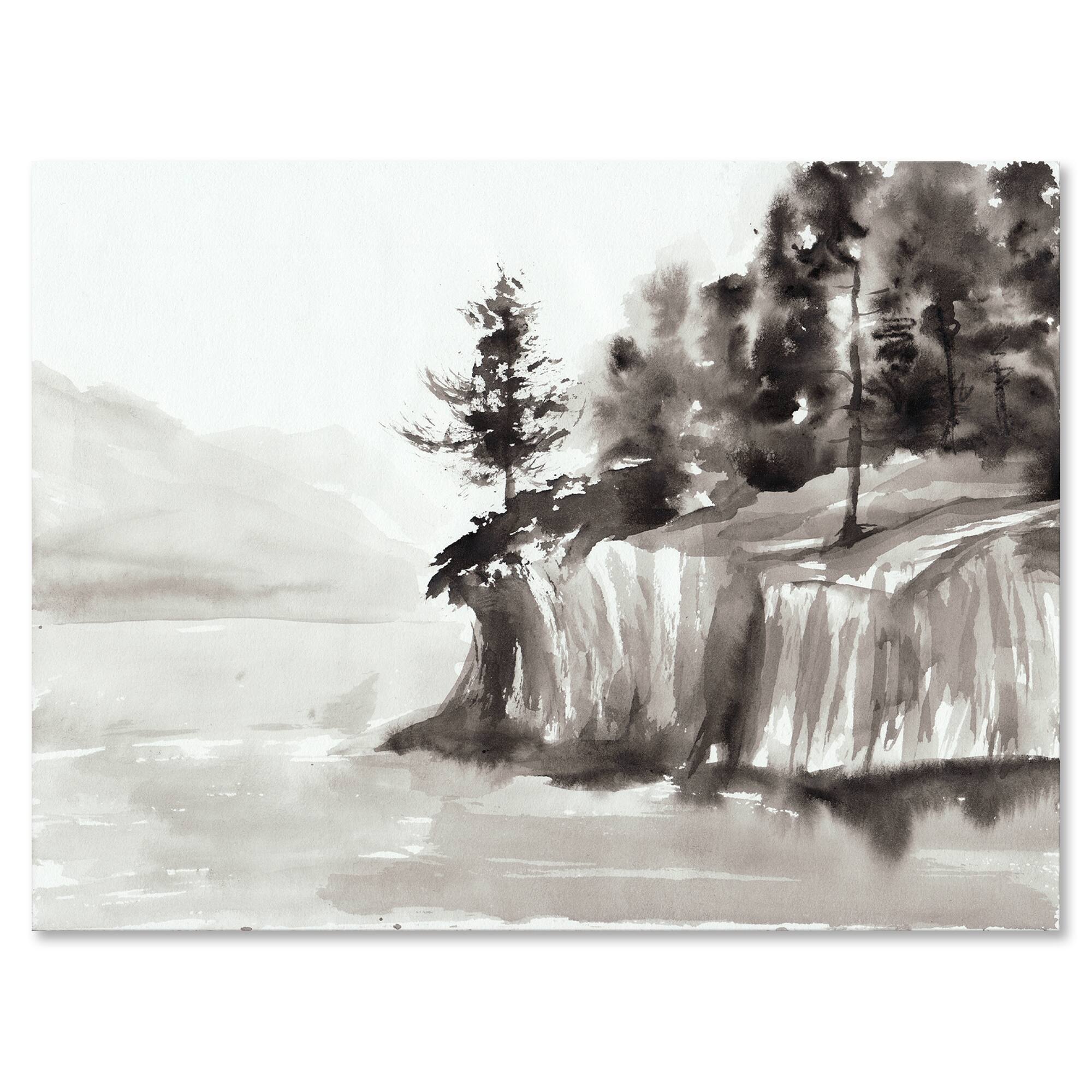 Designart - Monochrome Cliffs By The Lake - Nautical & Coastal Canvas Wall Art Print