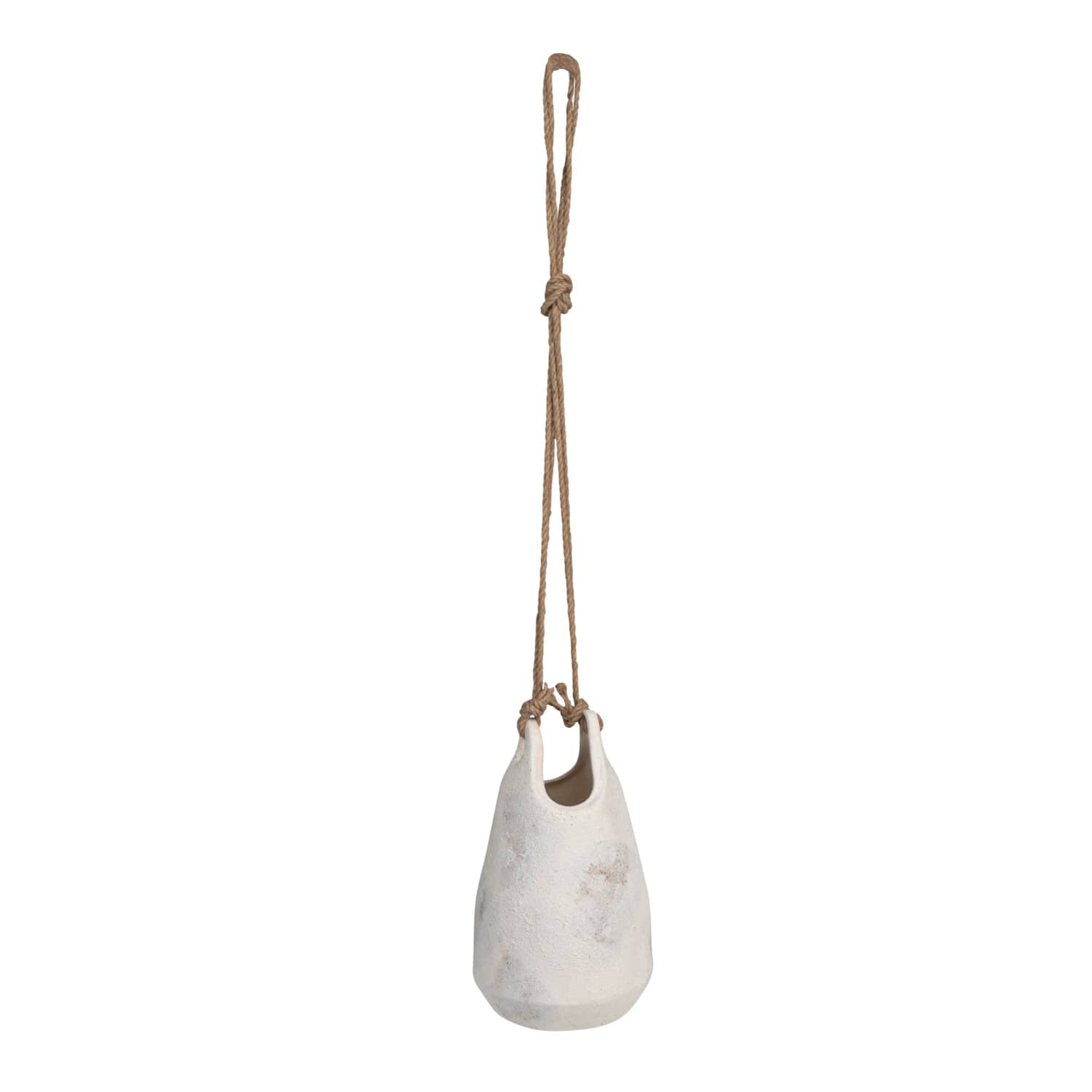 Hello Honey® 12.25" White Distressed Volcano Finish Stoneware Hanging Planter with Jute Rope Hanger