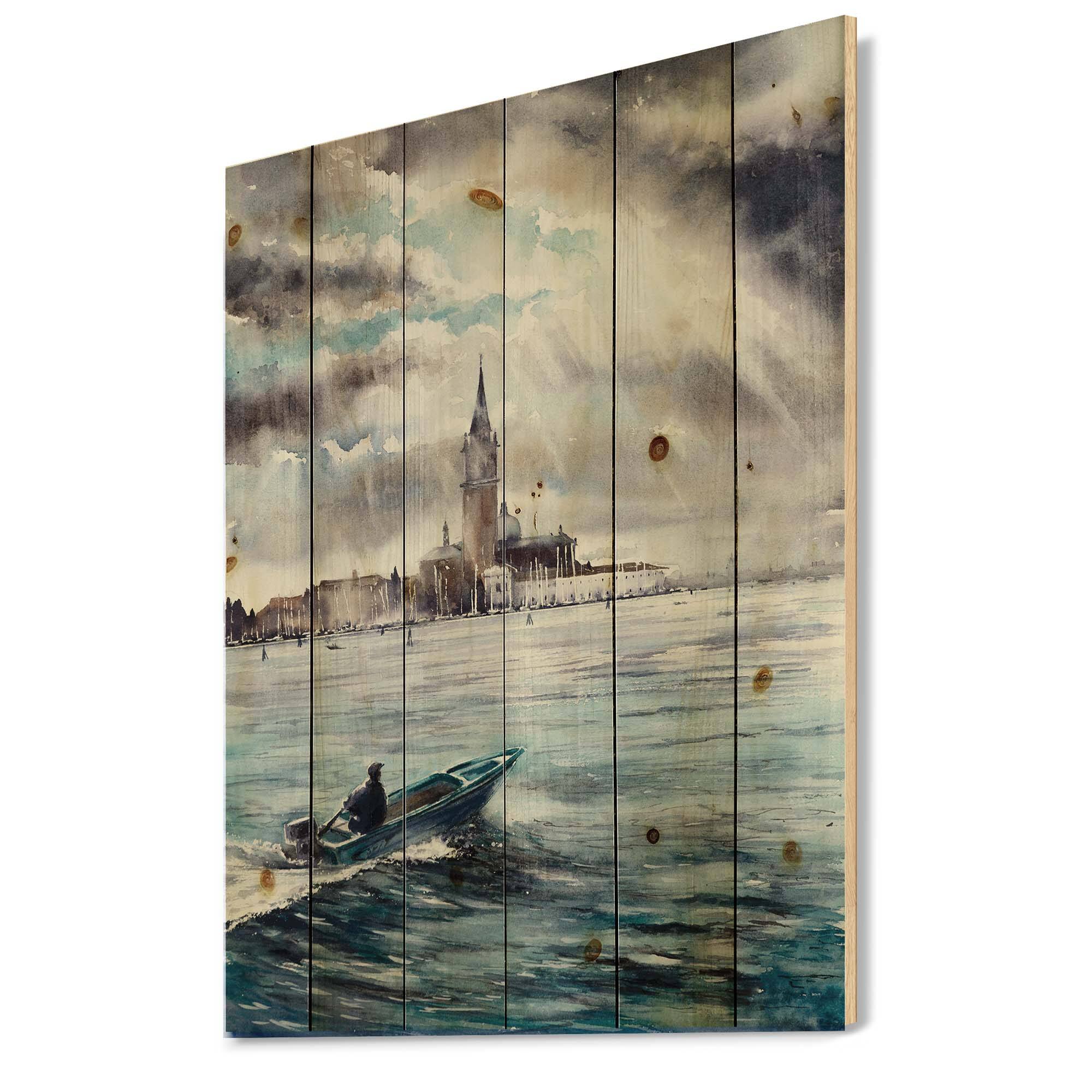 Designart - Storm Over Venice In Italy - Nautical & Coastal Print on Natural Pine Wood