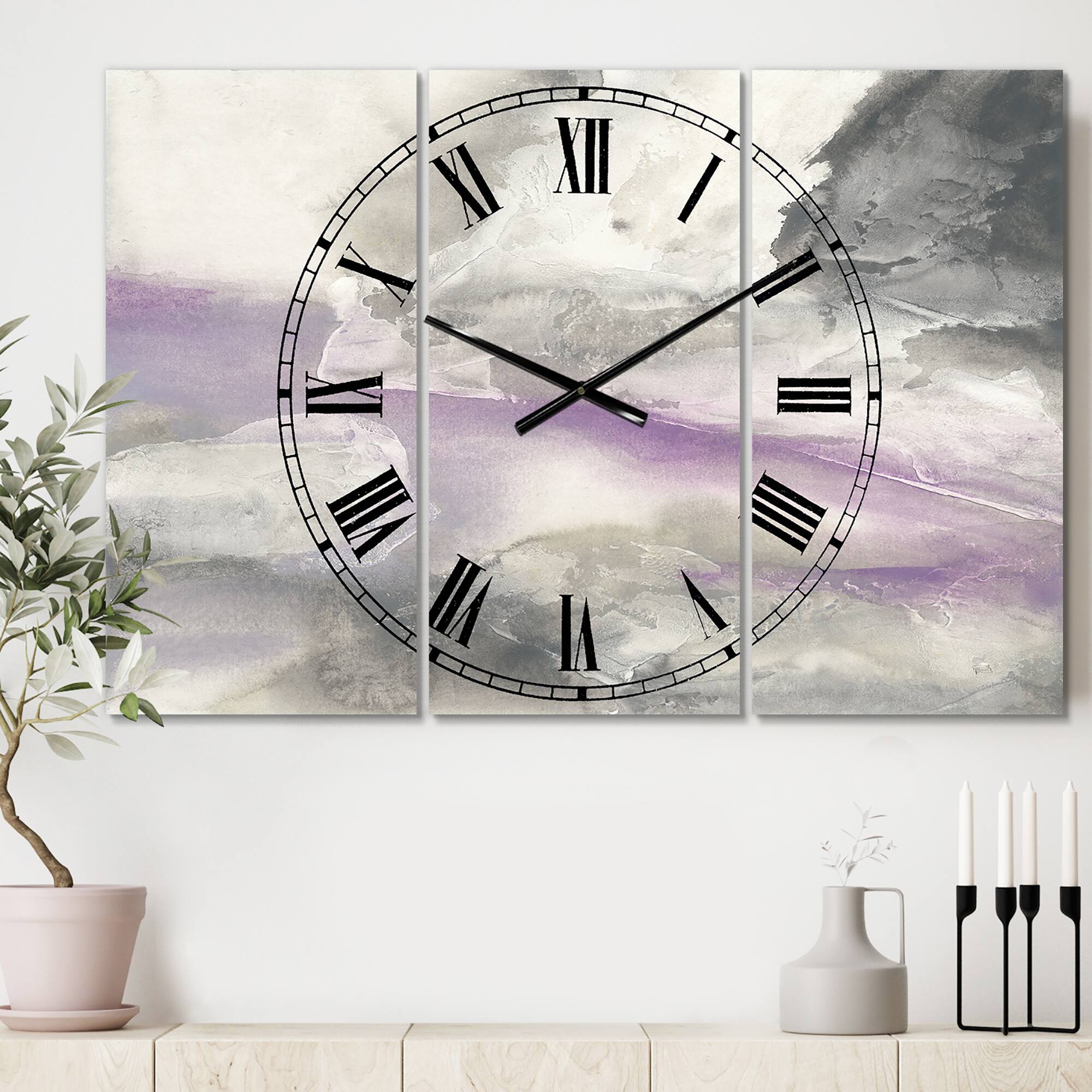 Designart &#x27;Watercolor Minimal Purple Tones I Farmhouse Multipanel Wall Clock